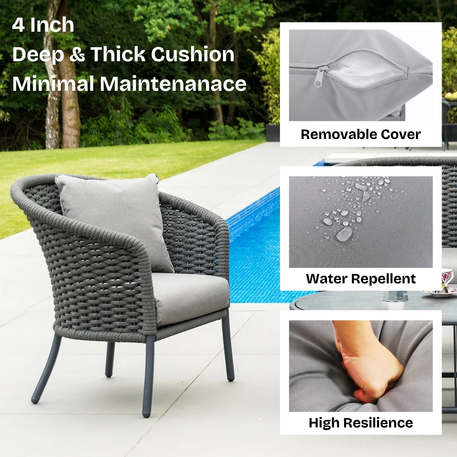 Outdoor Grey Rope 4 Piece Patio Sofa Set with Light Grey Cushions - Image 7
