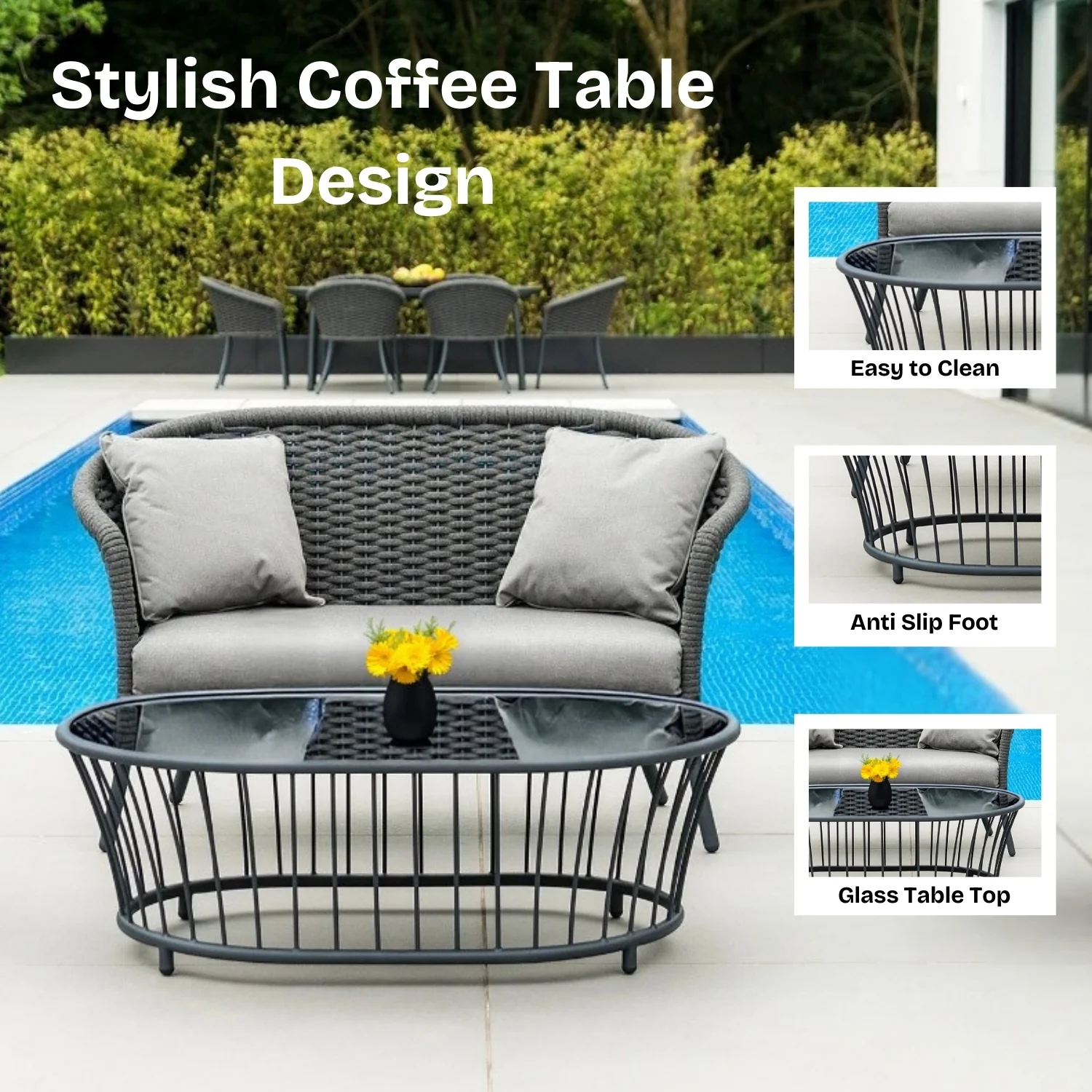 Outdoor Grey Rope 4 Piece Patio Sofa Set with Light Grey Cushions - Image 8