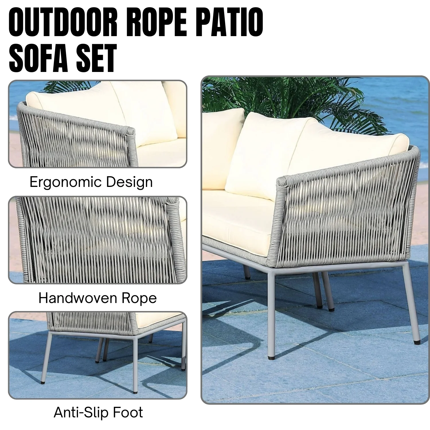 Outdoor Grey Rope L-Shape All Weather Sectional Sofa Set - Image 5