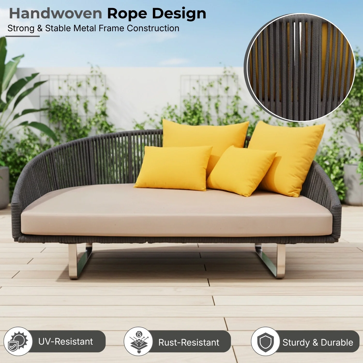 Outdoor Grey Rope Patio Daybed with Comfortable Cream Cushion - Image 3