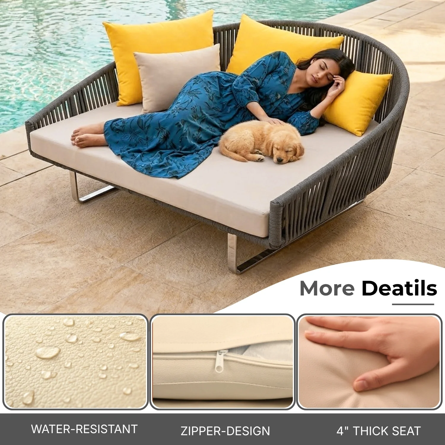 Outdoor Grey Rope Patio Daybed with Comfortable Cream Cushion - Image 4