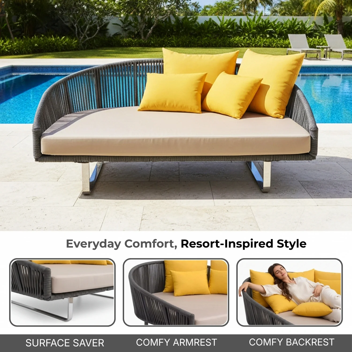 Outdoor Grey Rope Patio Daybed with Comfortable Cream Cushion - Image 5