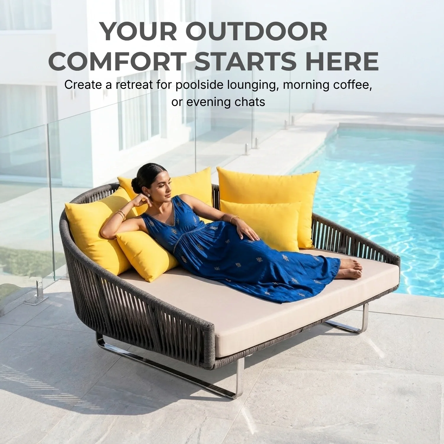 Outdoor Grey Rope Patio Daybed with Comfortable Cream Cushion - Image 6