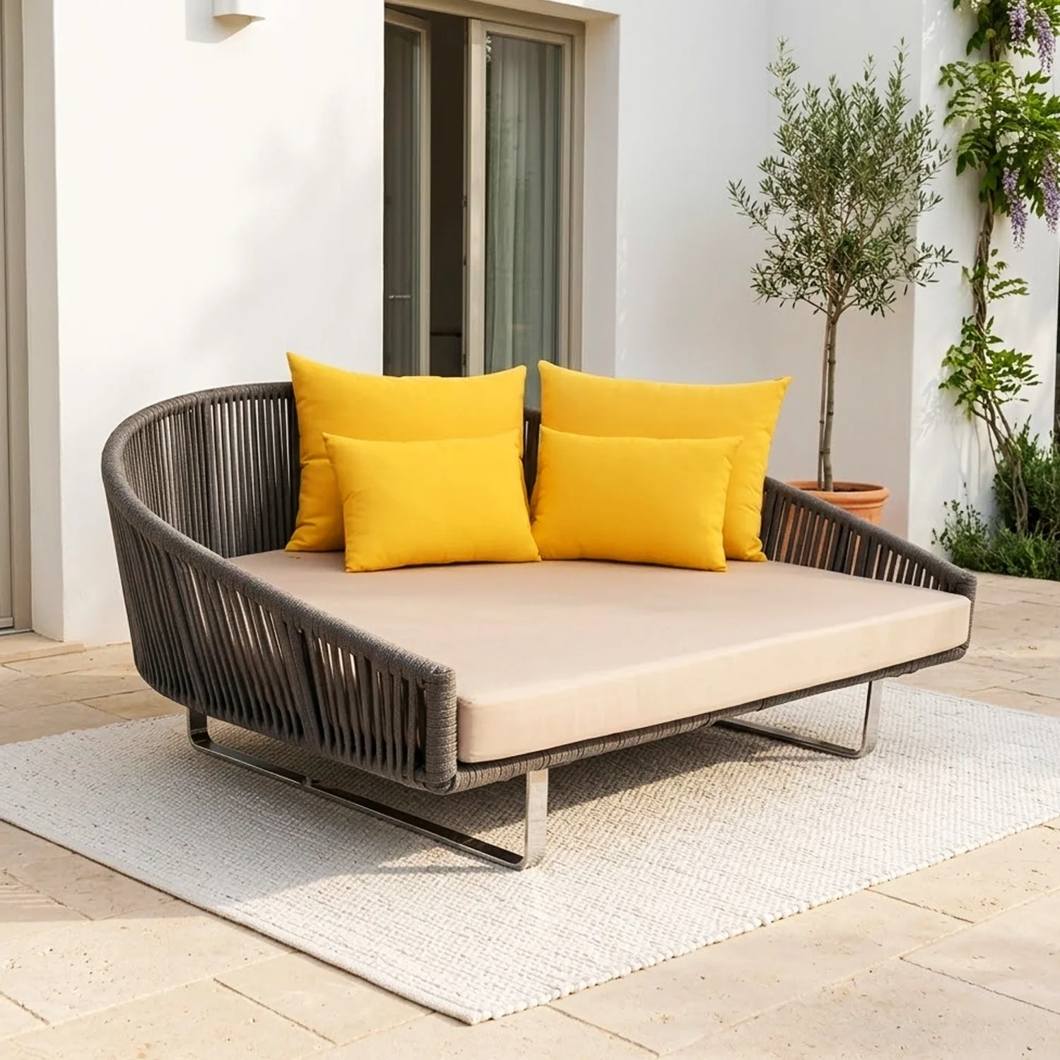 Outdoor Grey Rope Patio Daybed with Comfortable Cream Cushion - Image 7