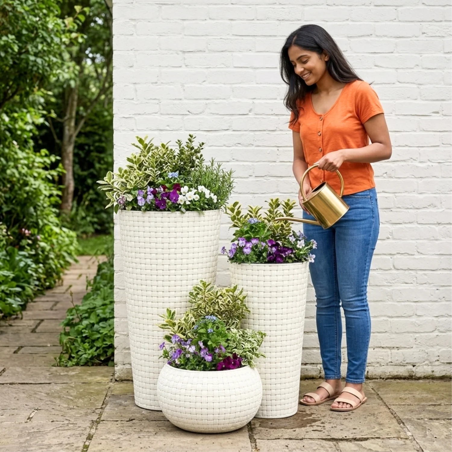 Outdoor Handwoven Rattan Wicker Planter Set of 3 (White) - Image 5