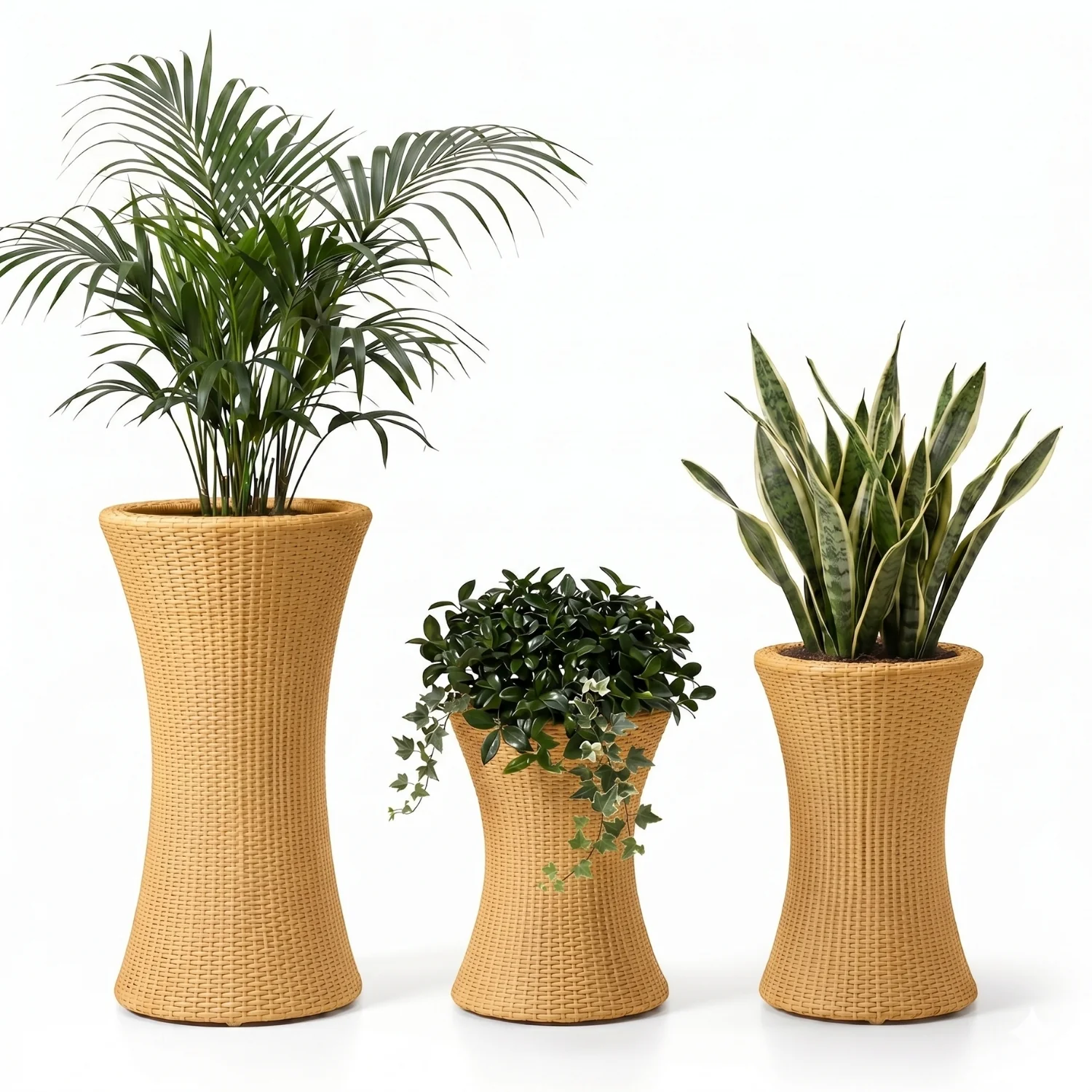 Outdoor Hourglass Design Set of 3 Wicker Planters (Beige) - Image 6