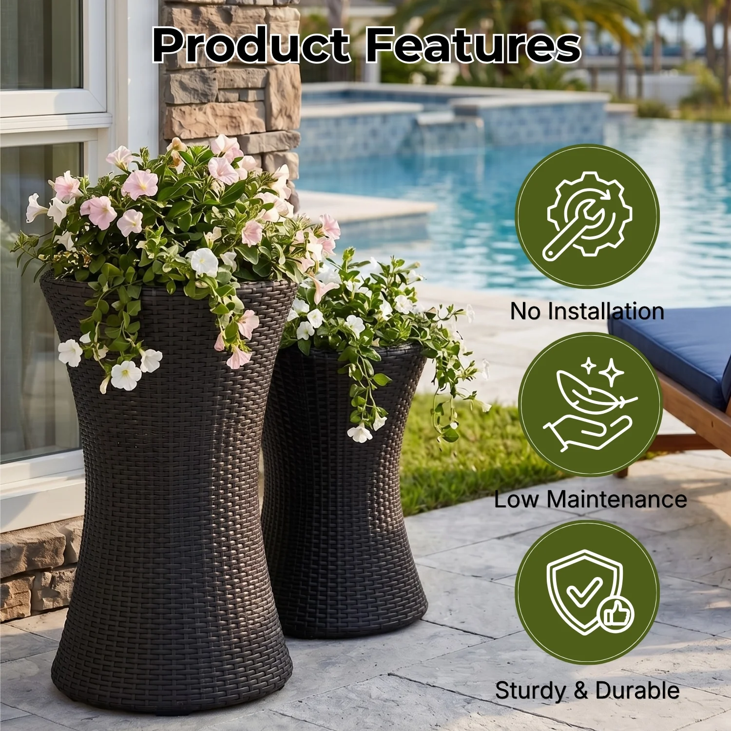 Outdoor Hourglass Design Set of 3 Wicker Planters (Black) - Image 4