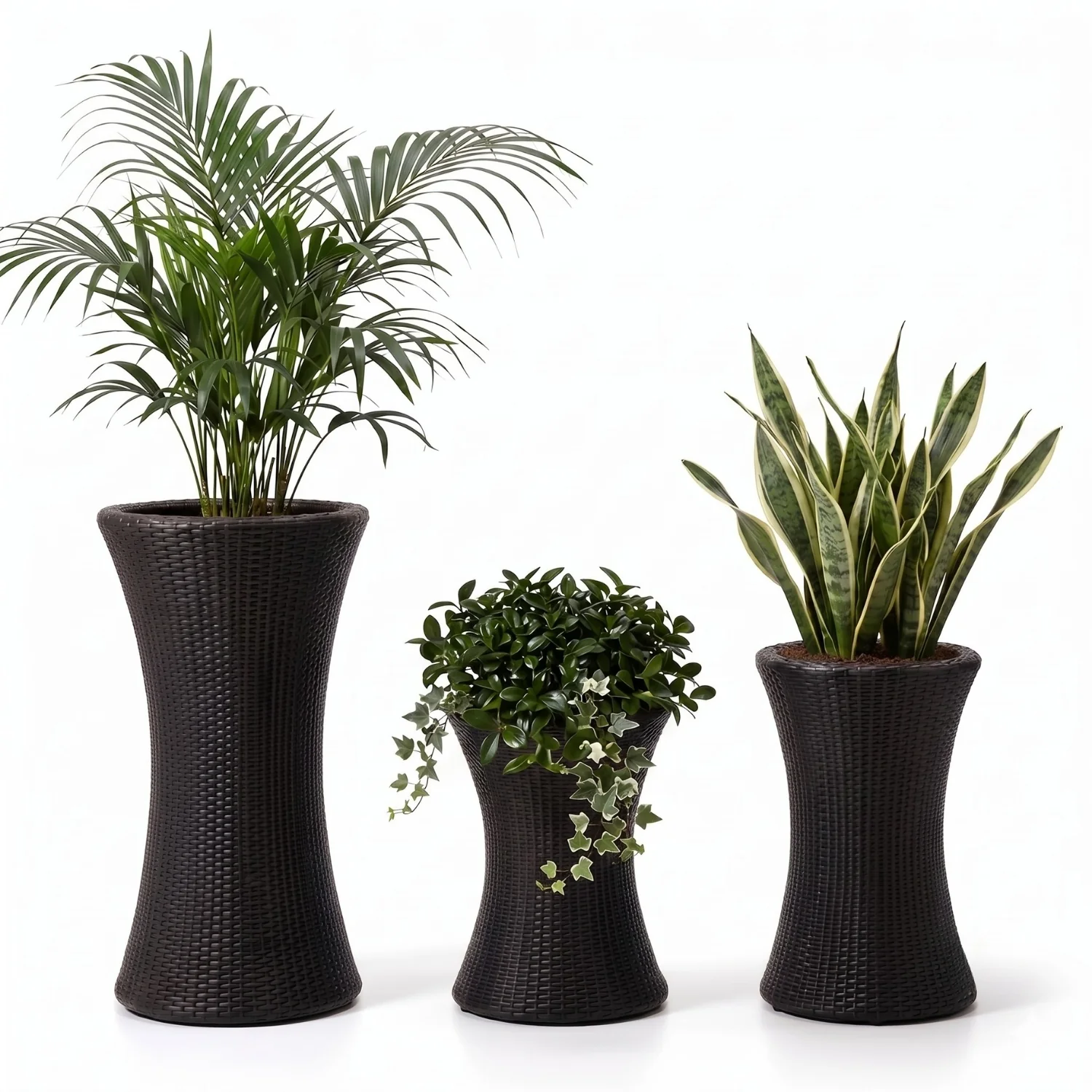 Outdoor Hourglass Design Set of 3 Wicker Planters (Black) - Image 6