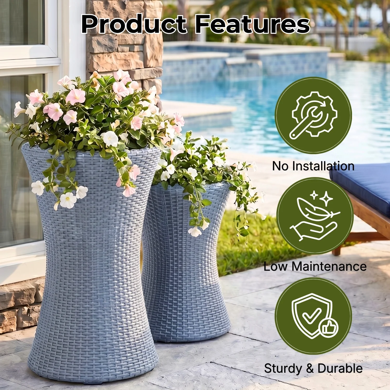 Outdoor Hourglass Design Set of 3 Wicker Planters (Silver Grey) - Image 4