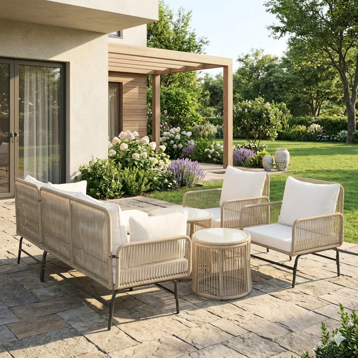 Outdoor L-Shape Rope Sofa Set (Beige & White) - Image 10