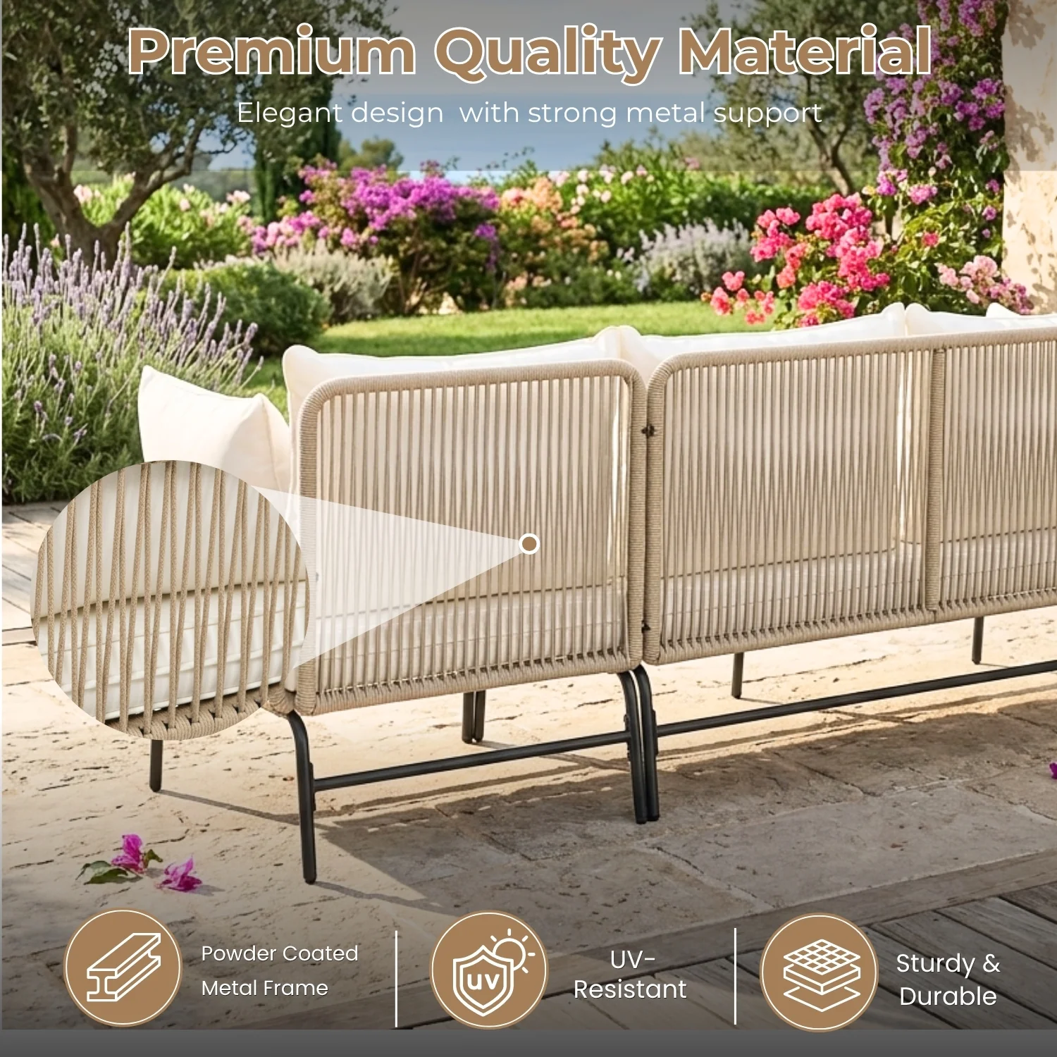 Outdoor L-Shape Rope Sofa Set (Beige & White) - Image 3