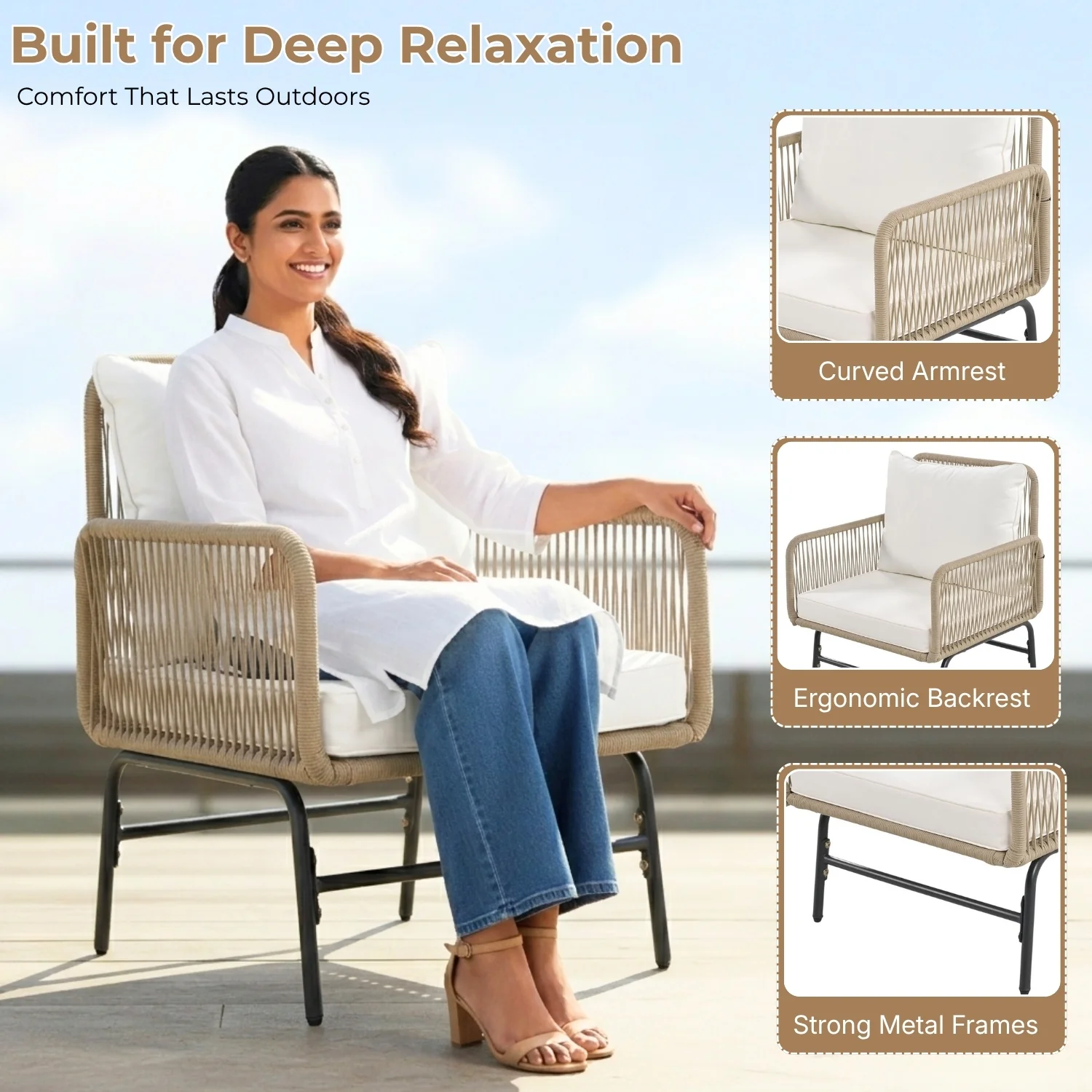 Outdoor L-Shape Rope Sofa Set (Beige & White) - Image 4