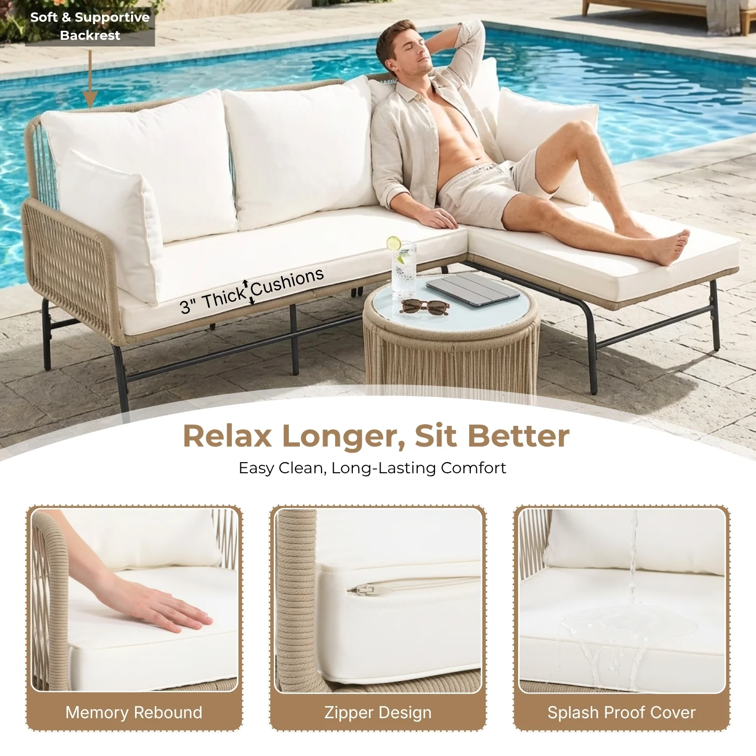 Outdoor L-Shape Rope Sofa Set (Beige & White) - Image 5