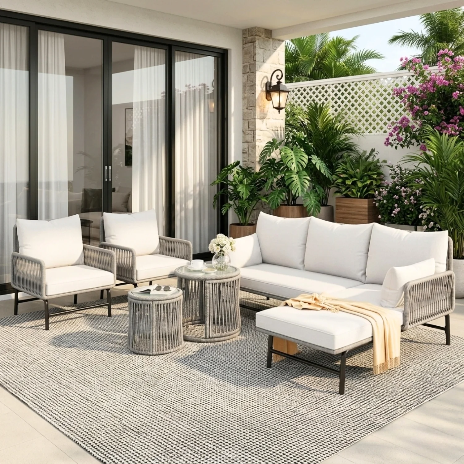 Outdoor L-Shape Rope Sofa Set (Grey & White)