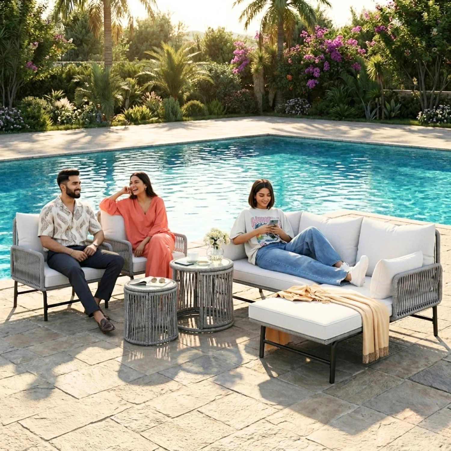Outdoor L-Shape Rope Sofa Set (Grey & White) - Image 10