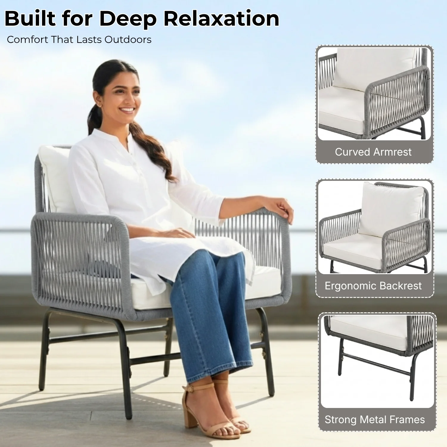 Outdoor L-Shape Rope Sofa Set (Grey & White) - Image 4