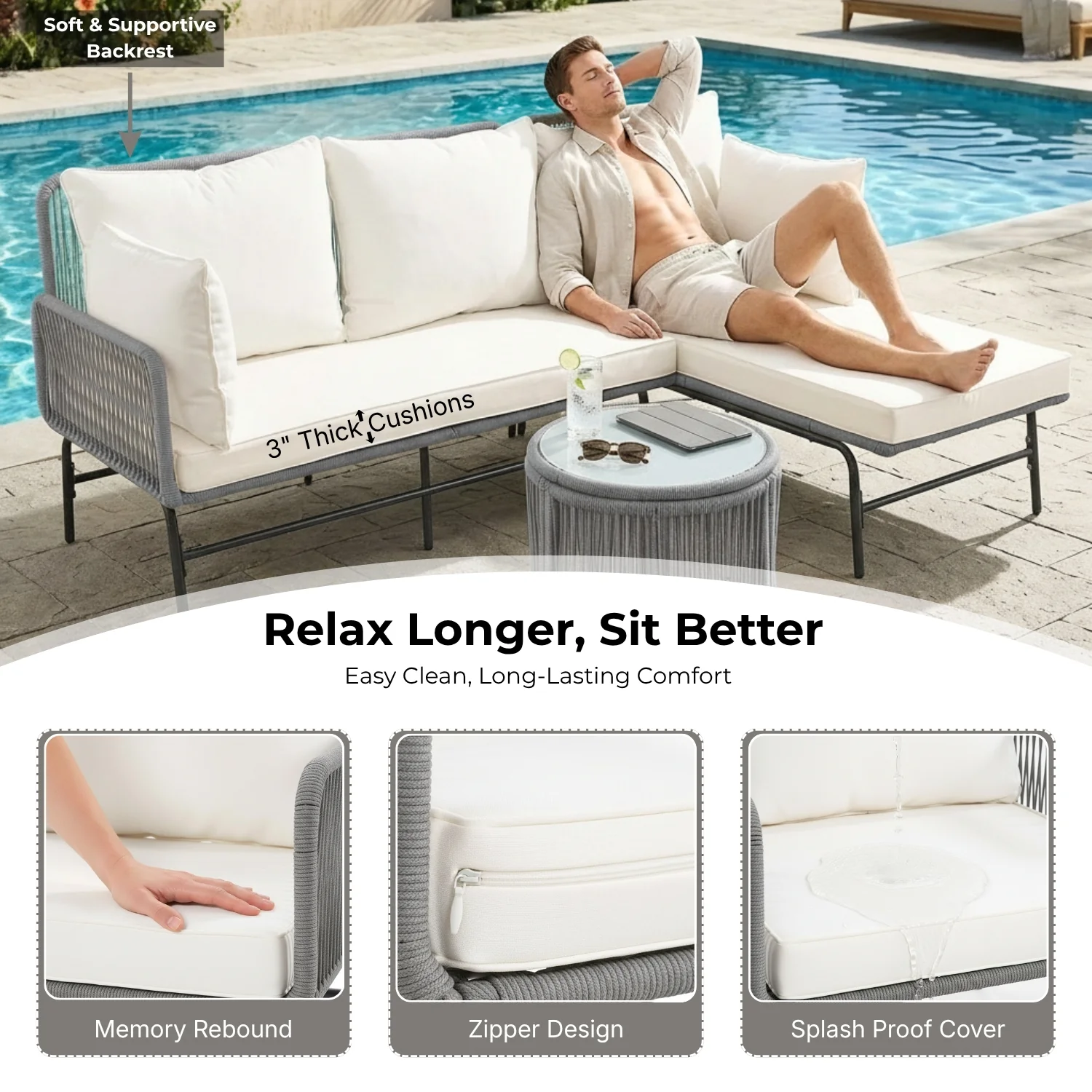 Outdoor L-Shape Rope Sofa Set (Grey & White) - Image 5