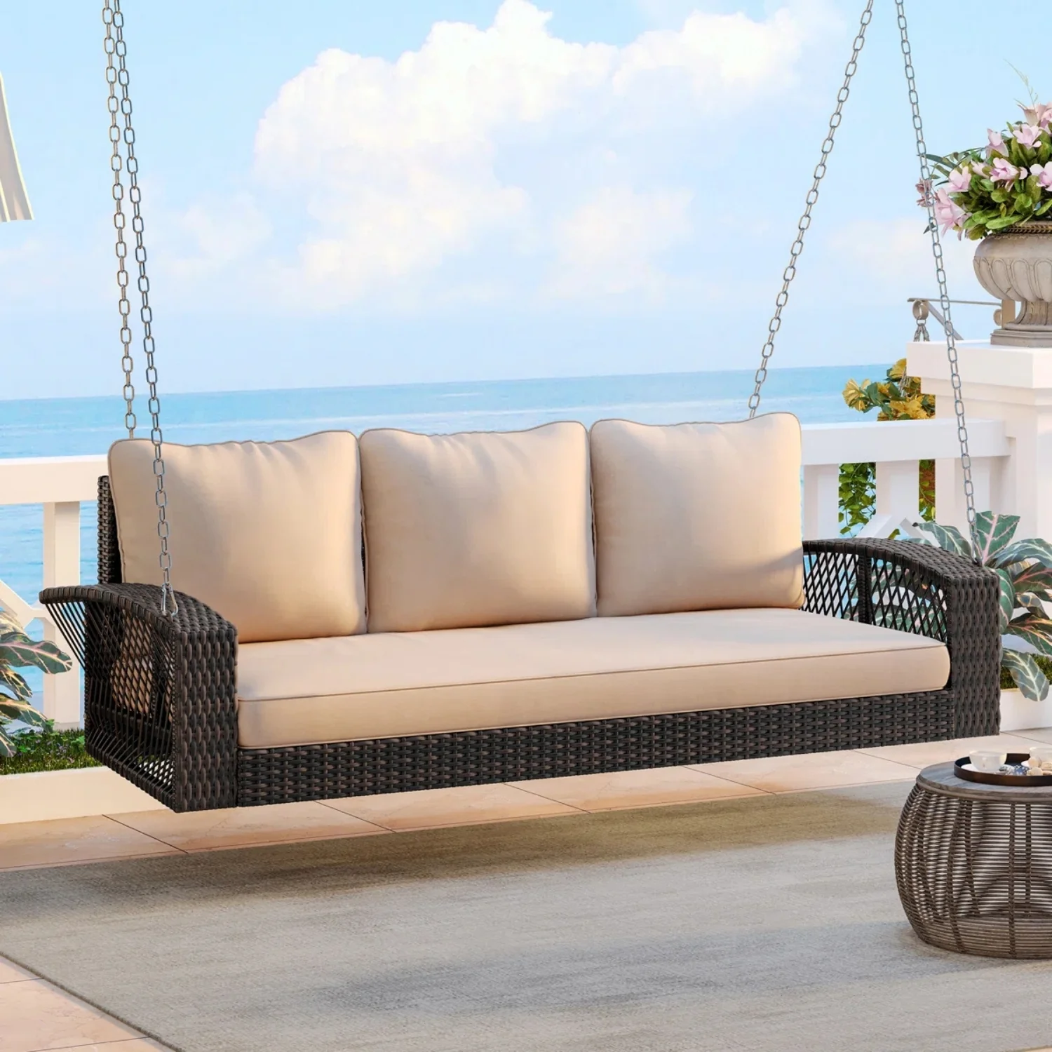 Outdoor Large HDPE Wicker 3-Person Porch Swing - Image 9