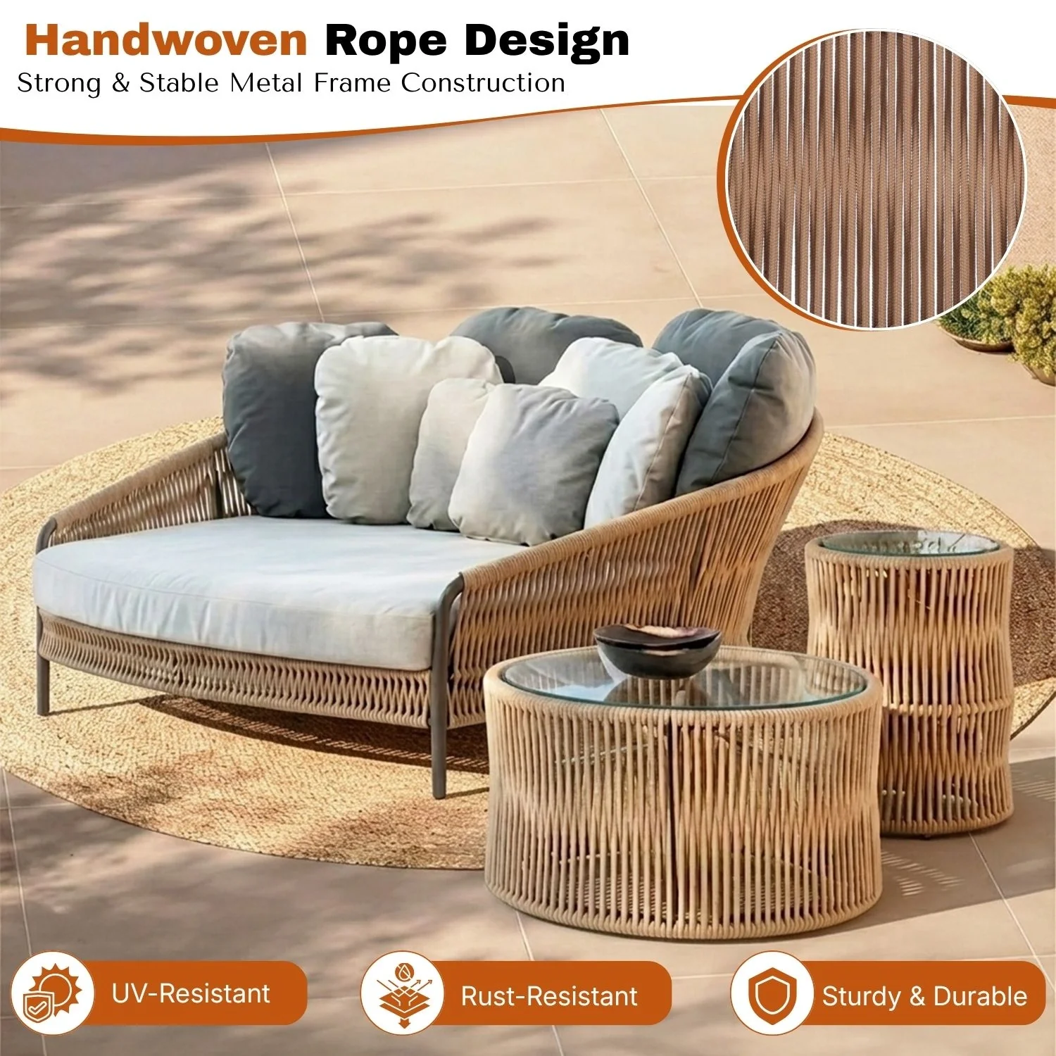 Outdoor Patio Rope Daybed With Center and Side Tables - Image 3