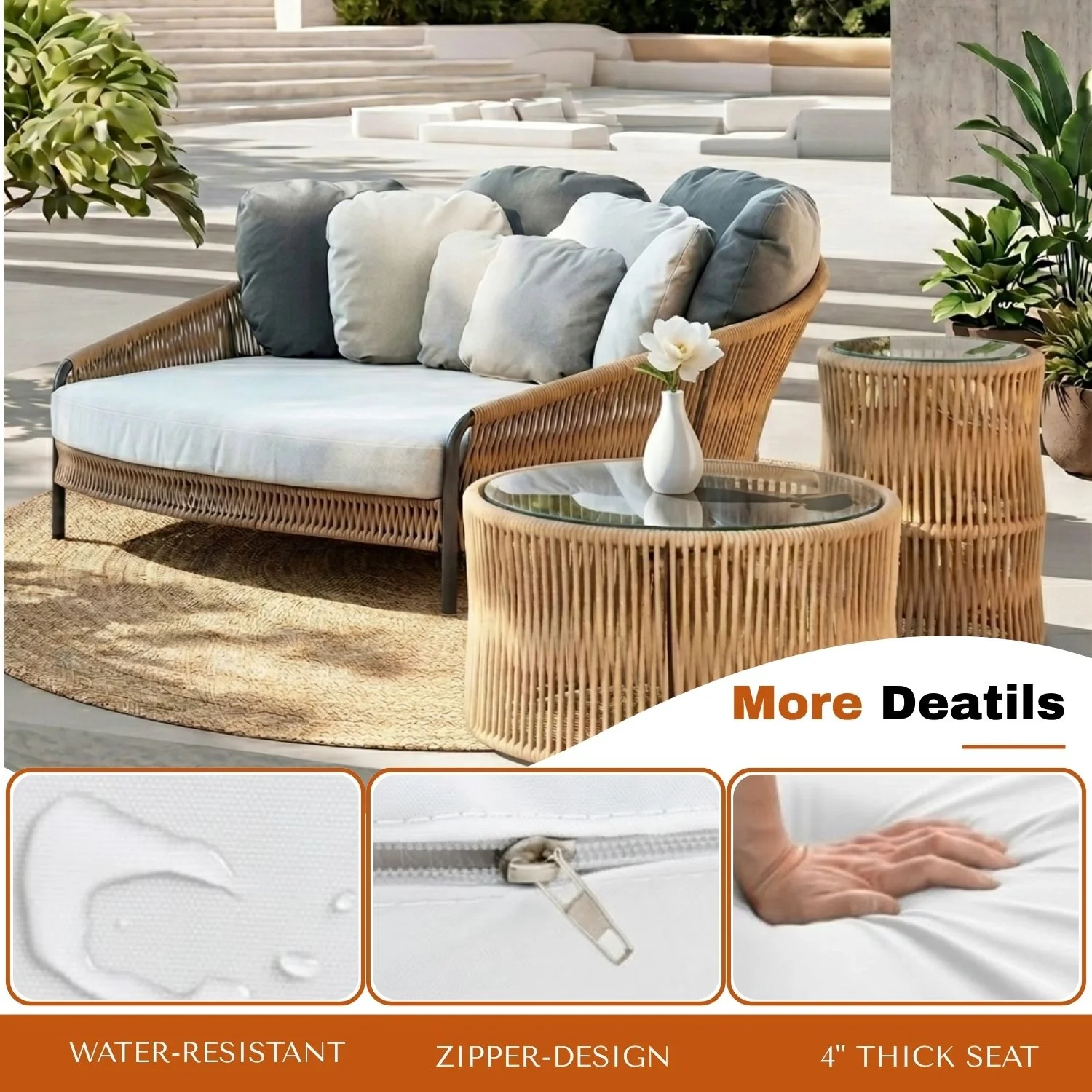 Outdoor Patio Rope Daybed With Center and Side Tables - Image 4