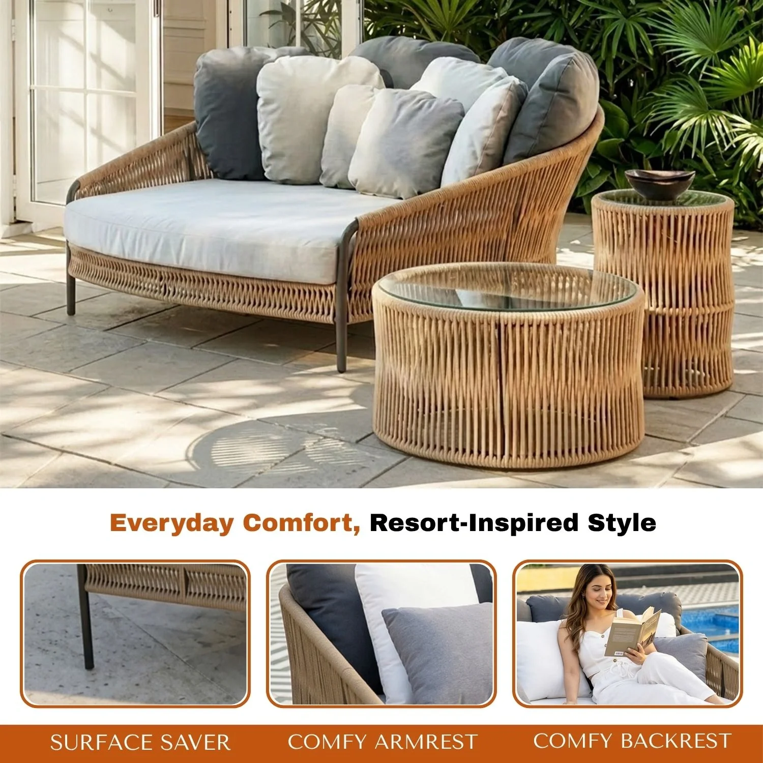 Outdoor Patio Rope Daybed With Center and Side Tables - Image 5