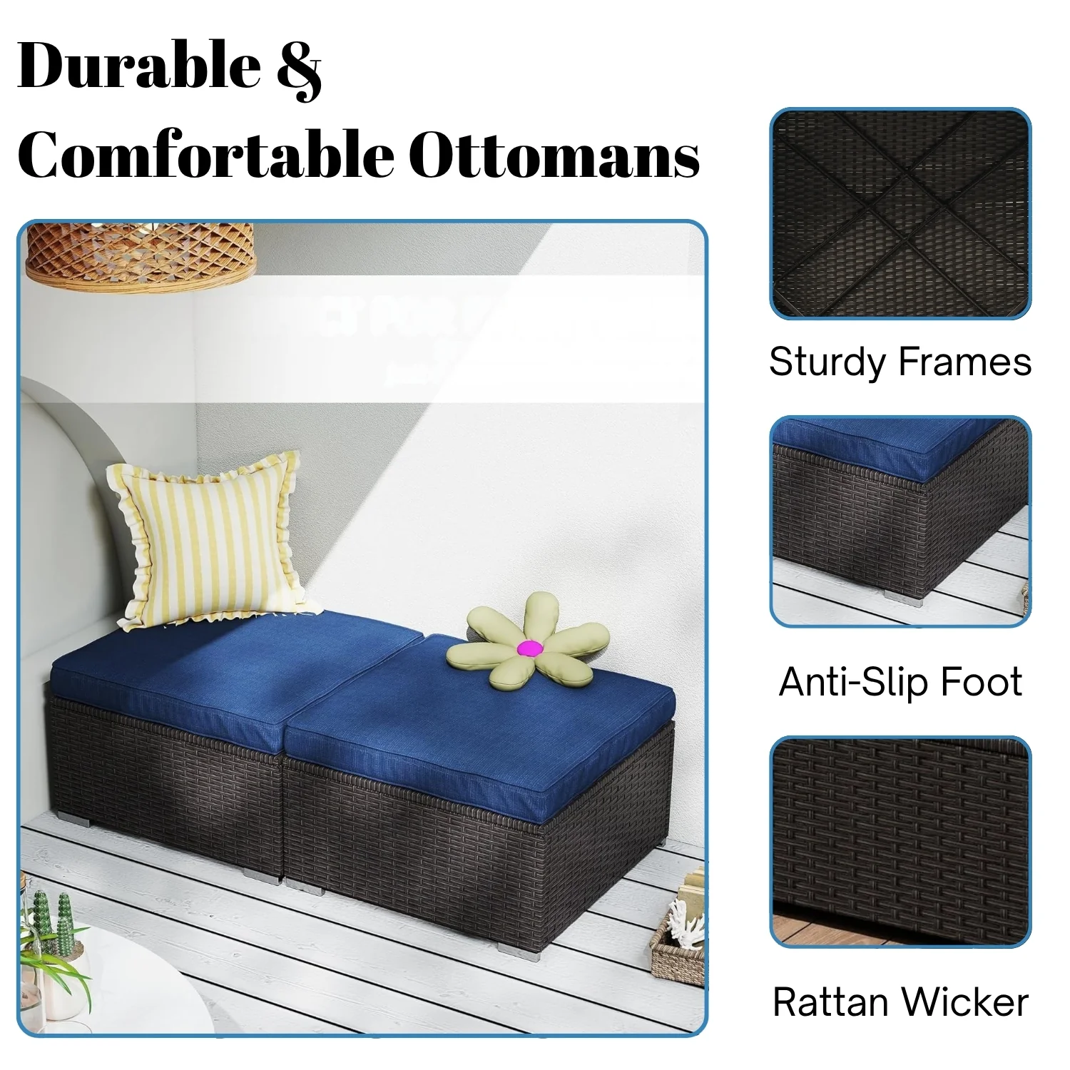 Outdoor Rattan Wicker 2-Piece Ottoman Set - Image 4