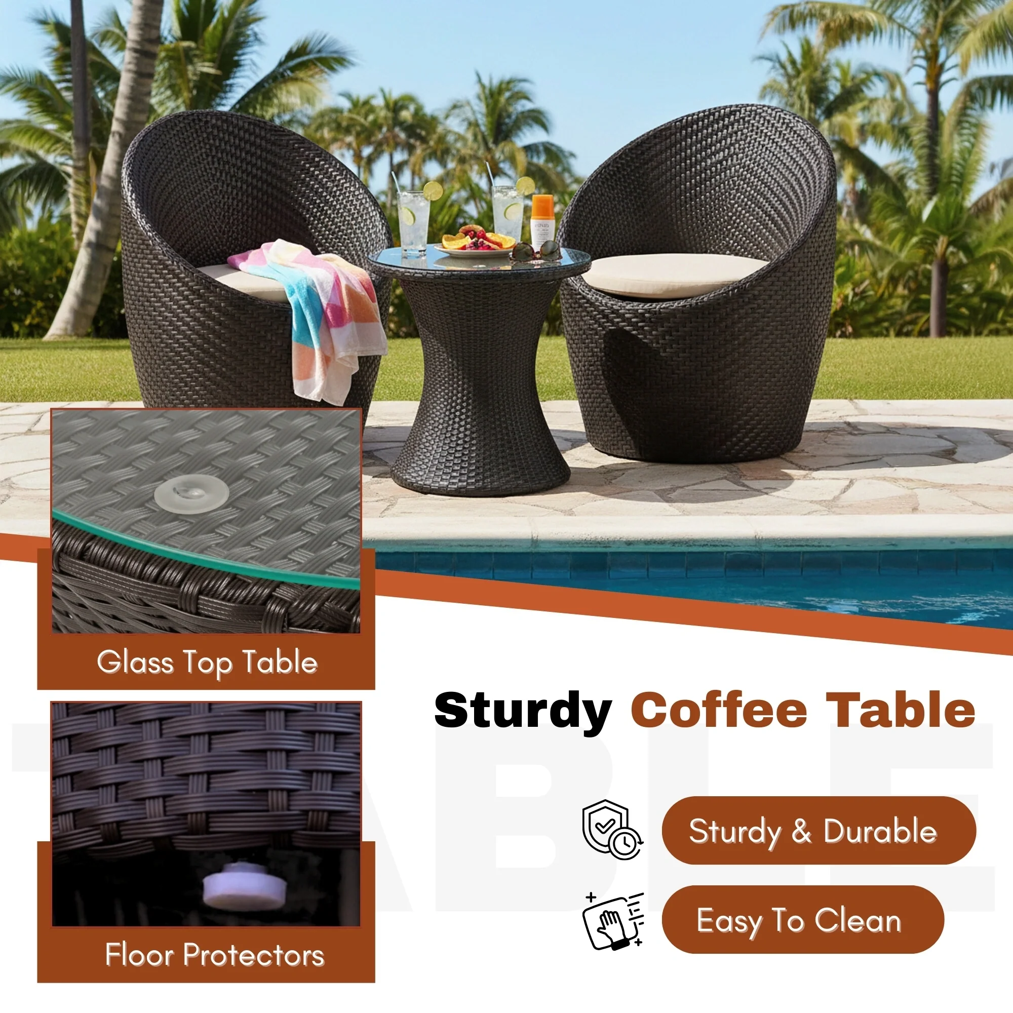 Outdoor Rattan Wicker 3-Piece Conversation Set - Image 7