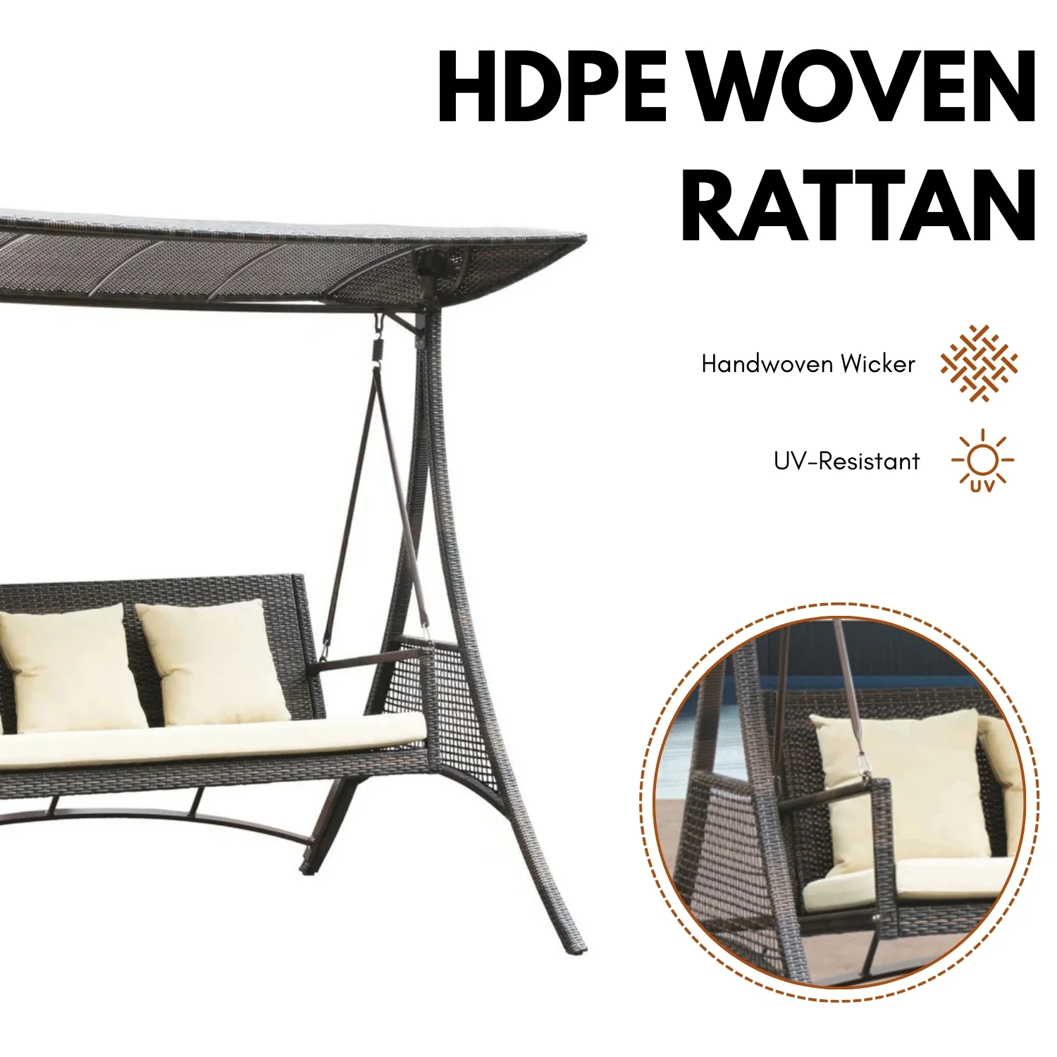 Outdoor Rattan Wicker 3-Seat Patio Swing Chair with Shade & Cushions - Image 5