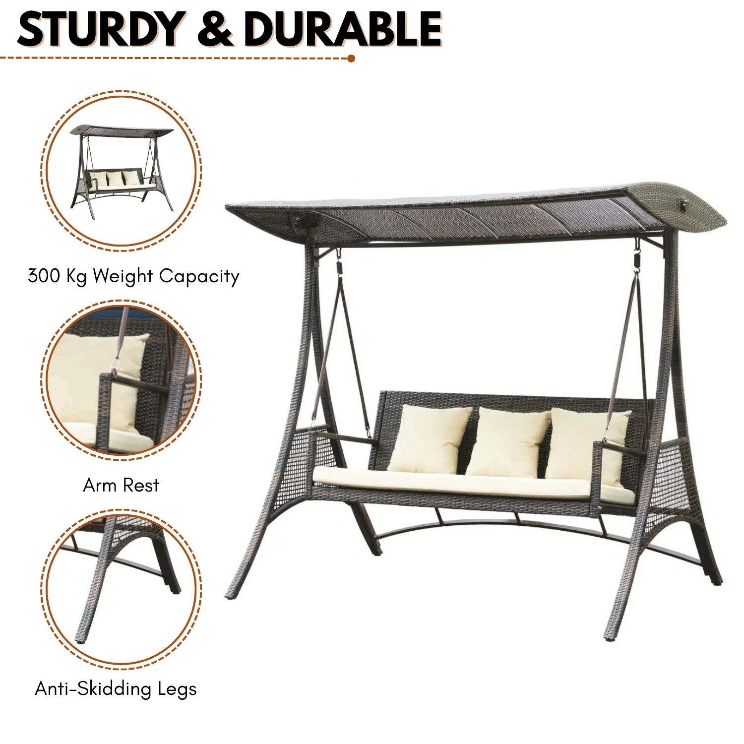 Outdoor Rattan Wicker 3-Seat Patio Swing Chair with Shade & Cushions - Image 6