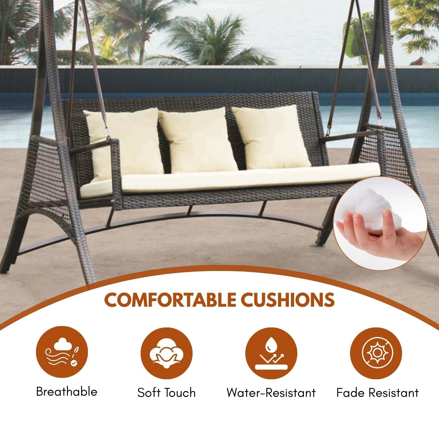 Outdoor Rattan Wicker 3-Seat Patio Swing Chair with Shade & Cushions - Image 7