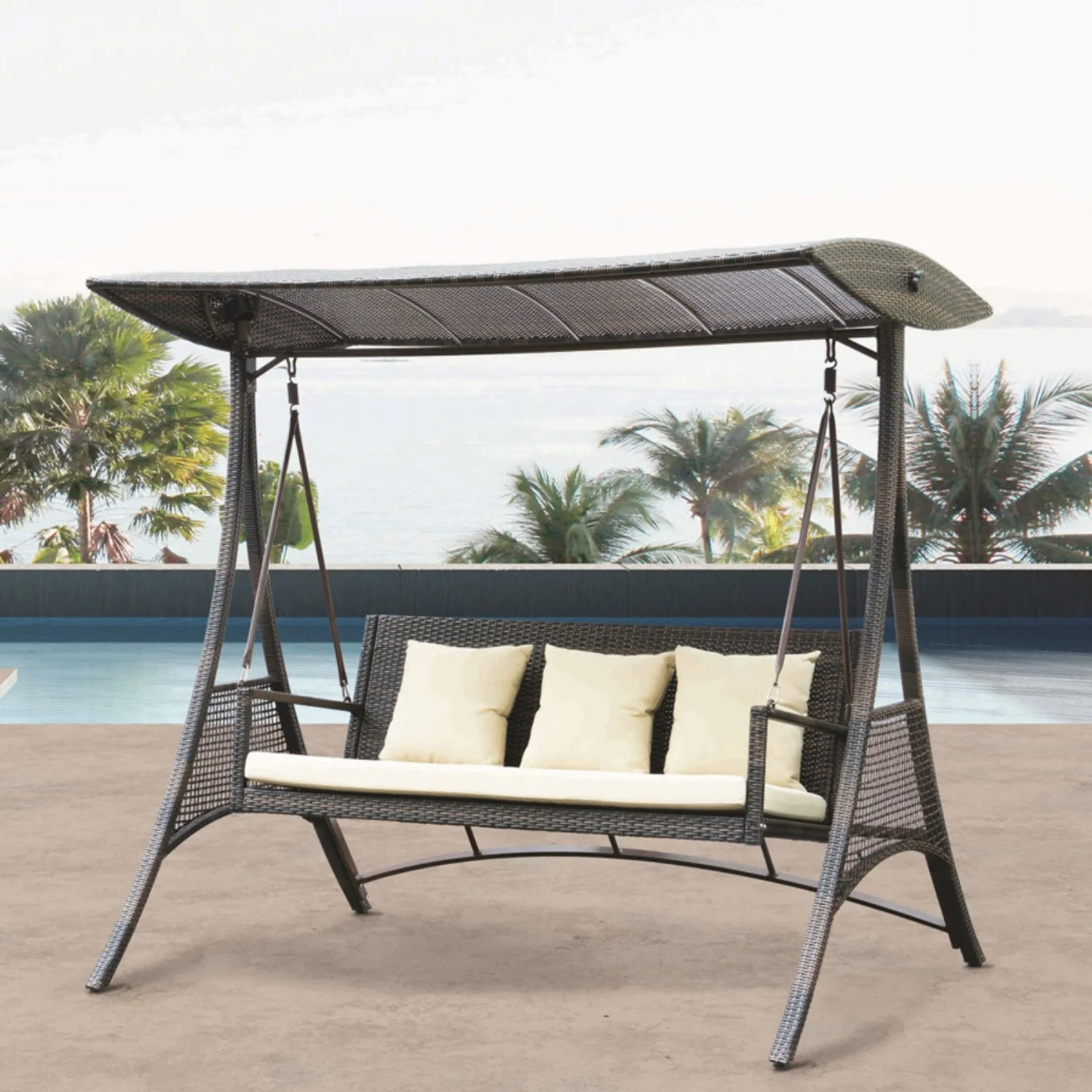 Outdoor Rattan Wicker 3-Seat Patio Swing Chair with Shade & Cushions - Image 8