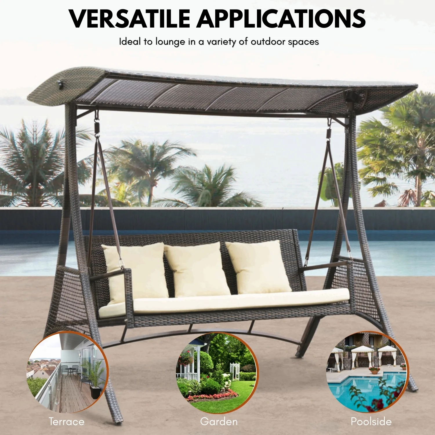 Outdoor Rattan Wicker 3-Seat Patio Swing Chair with Shade & Cushions - Image 9