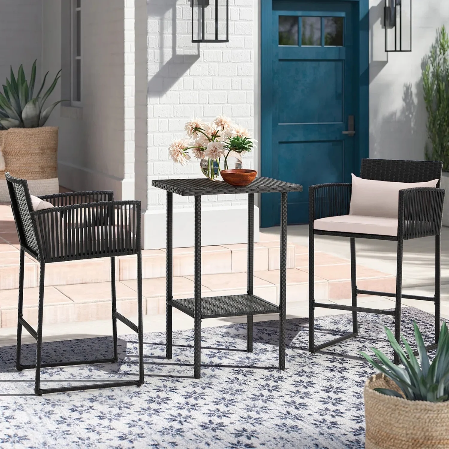 Outdoor Rattan Wicker Bar Set With 2-Tier Table - Image 8