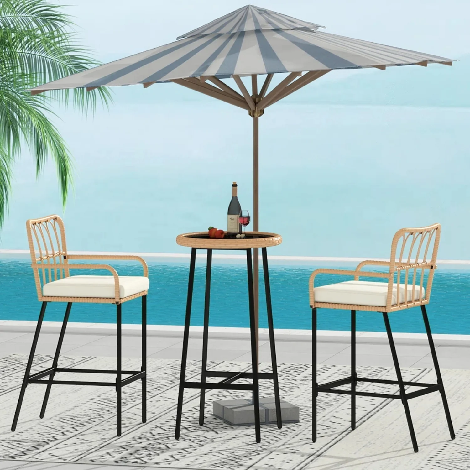Outdoor Rattan Wicker Bar Set with Round Table - Image 7