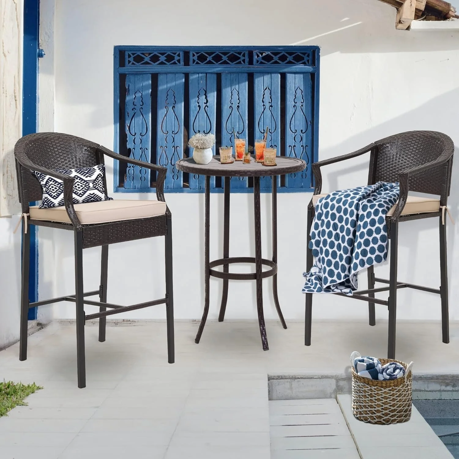 Outdoor Rattan Wicker Bar Set with Round Table - Image 11