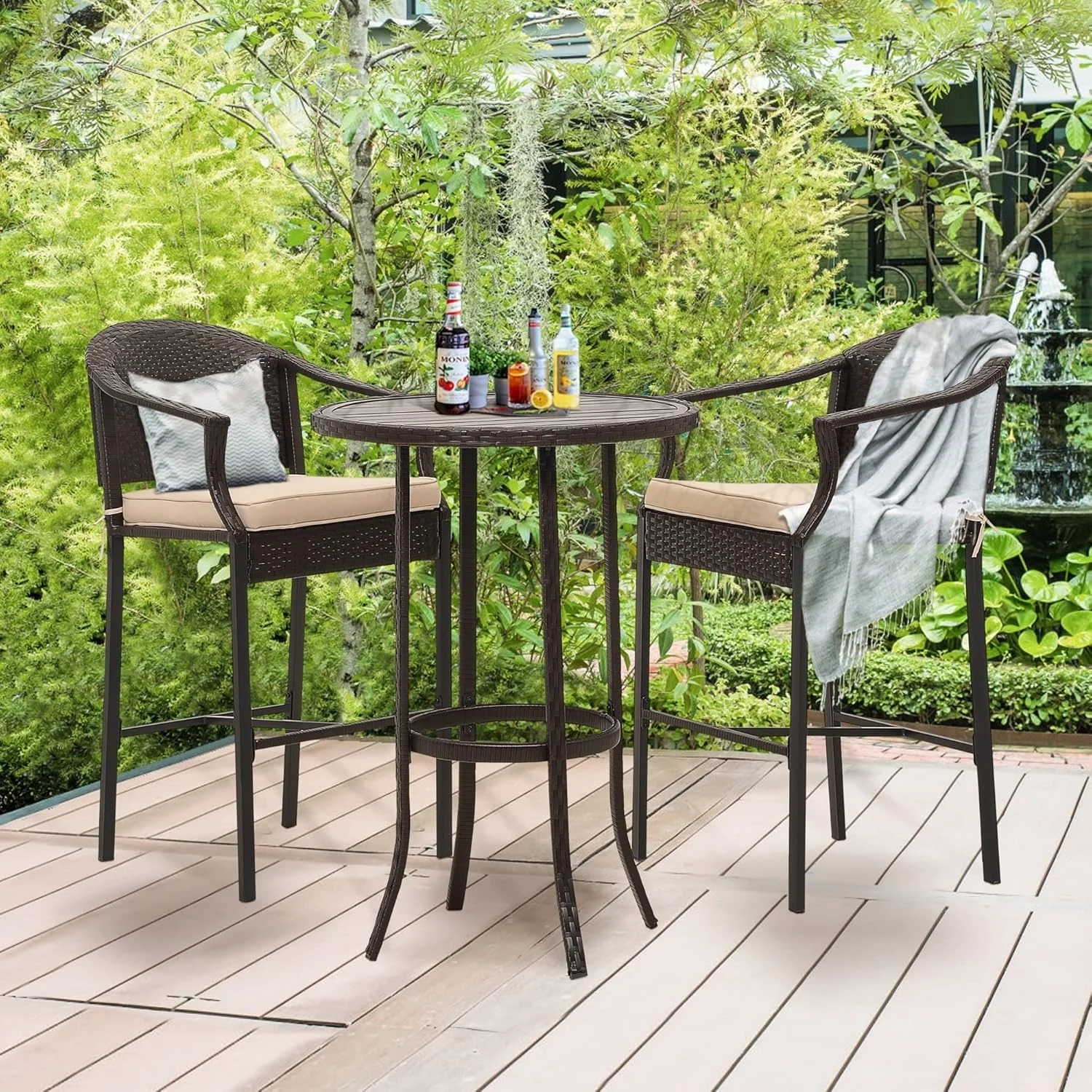 Outdoor Rattan Wicker Bar Set with Round Table - Image 4