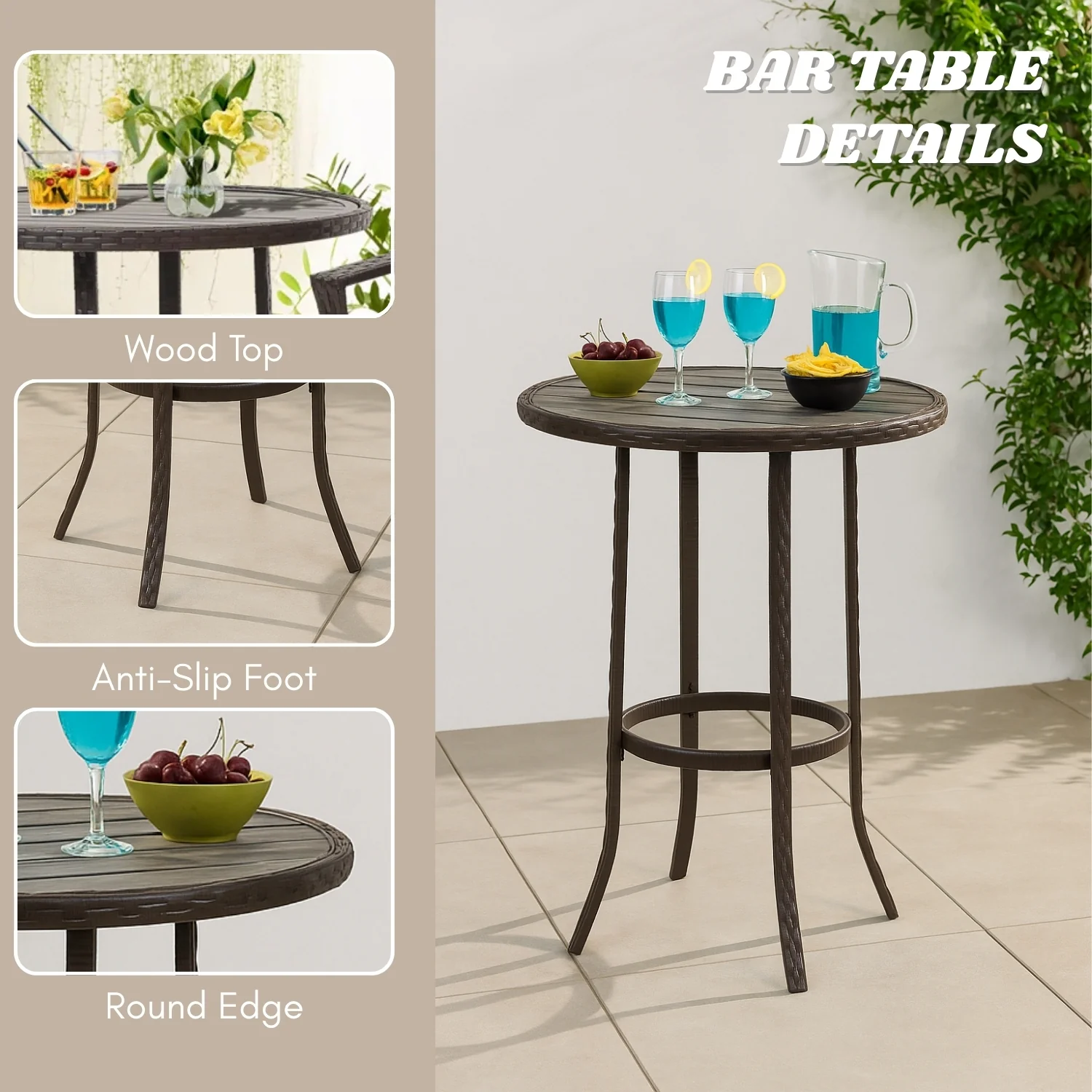 Outdoor Rattan Wicker Bar Set with Round Table - Image 7