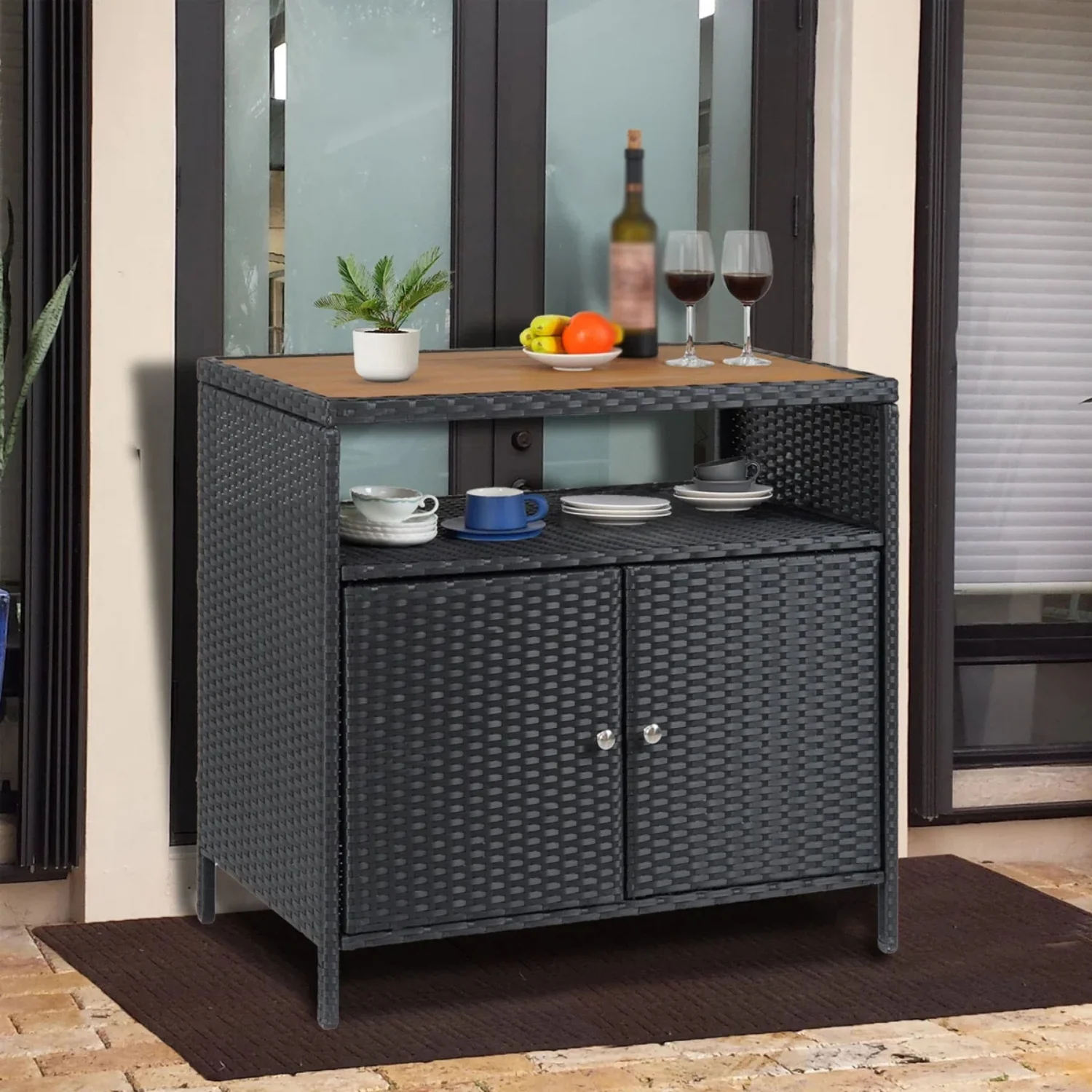 Outdoor Rattan Wicker Bar Table With Wooden Top
