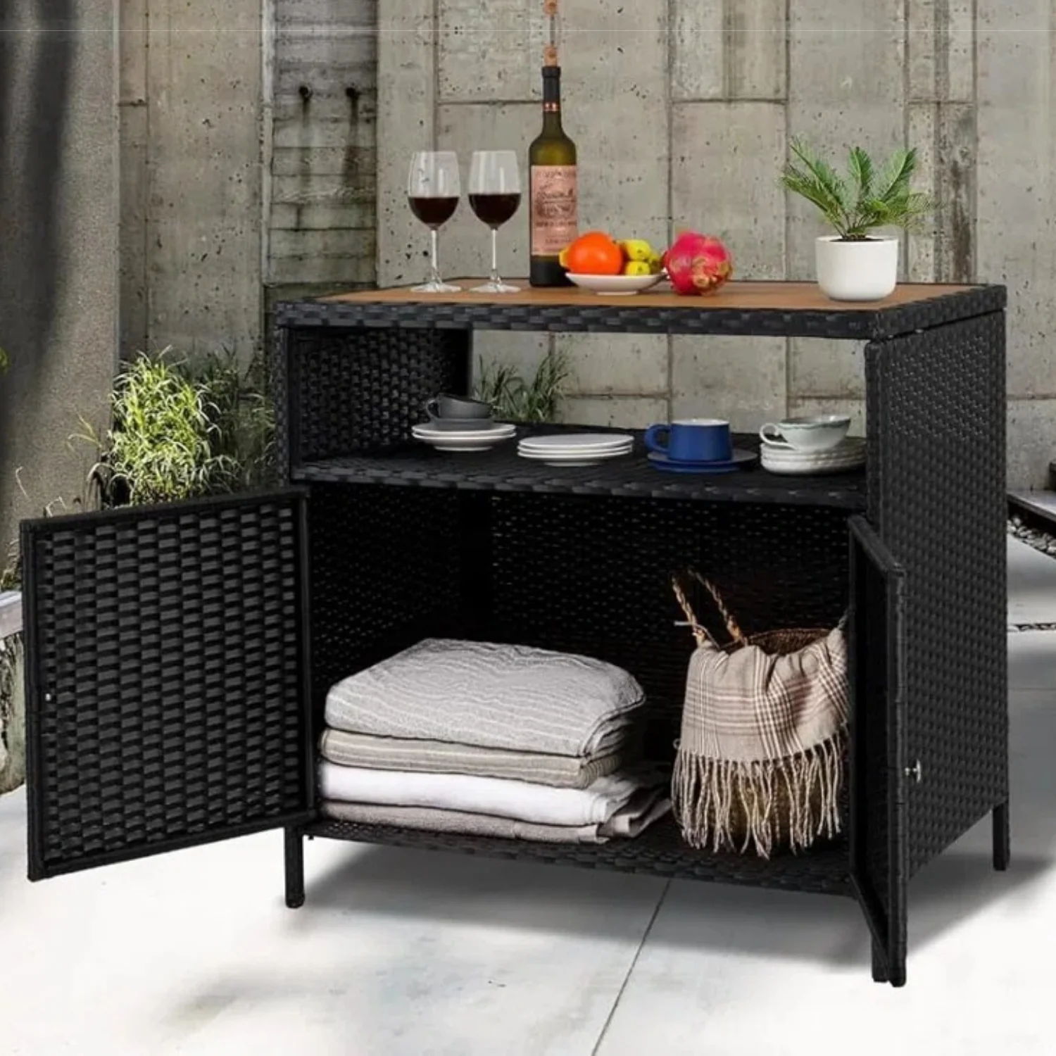 Outdoor Rattan Wicker Bar Table With Wooden Top - Image 5