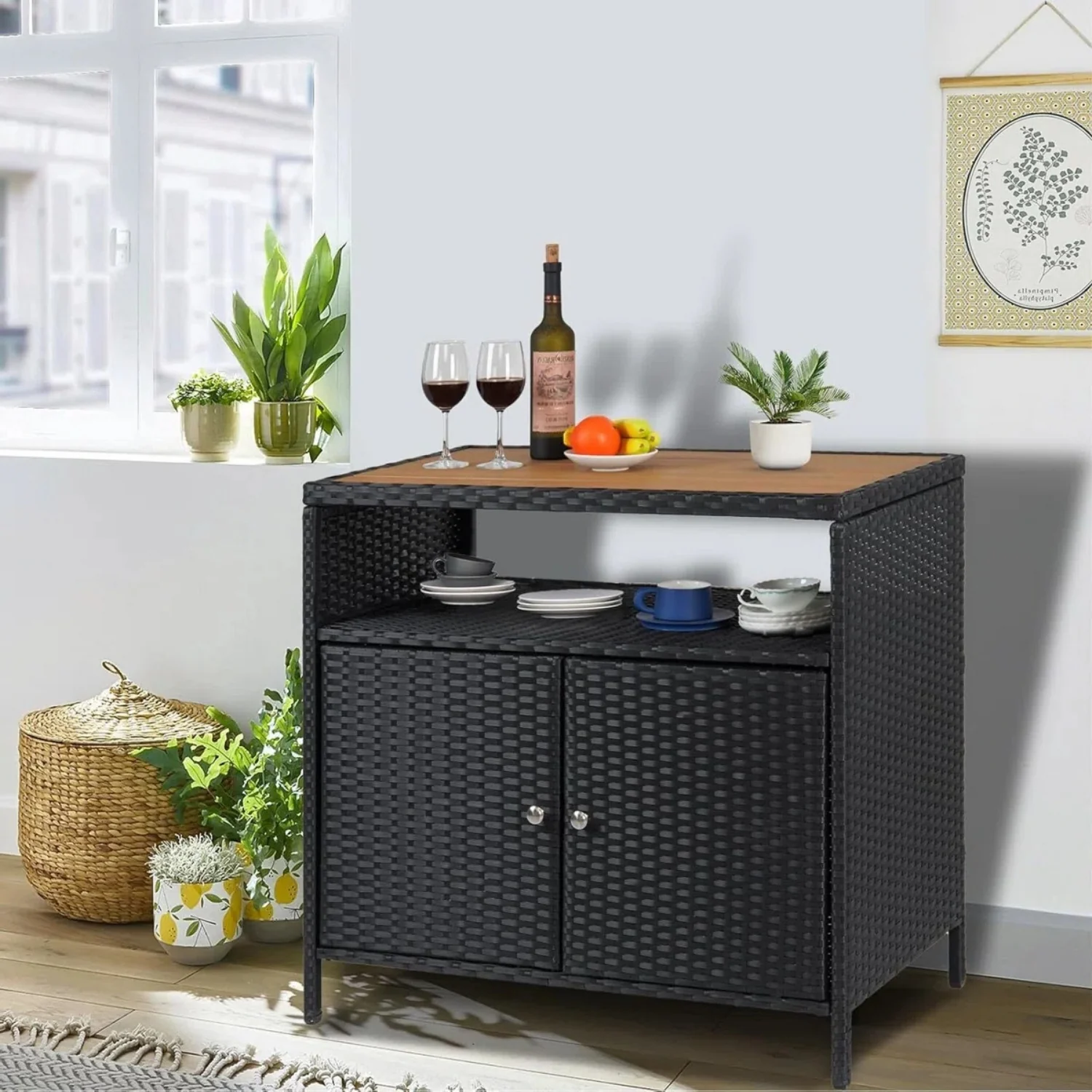 Outdoor Rattan Wicker Bar Table With Wooden Top - Image 6