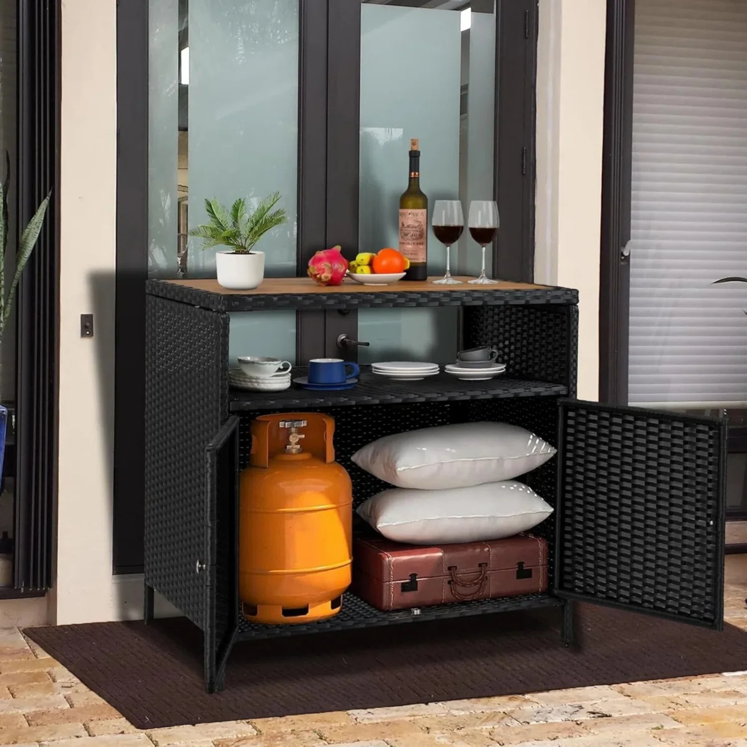 Outdoor Rattan Wicker Bar Table With Wooden Top - Image 8
