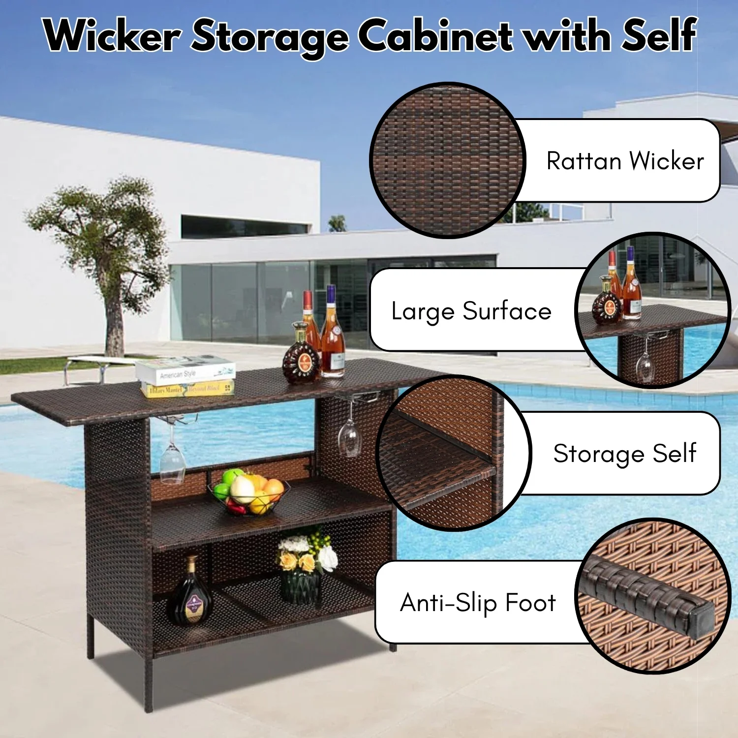 Outdoor Rattan Wicker Bar Table With Storage Selves - Image 5