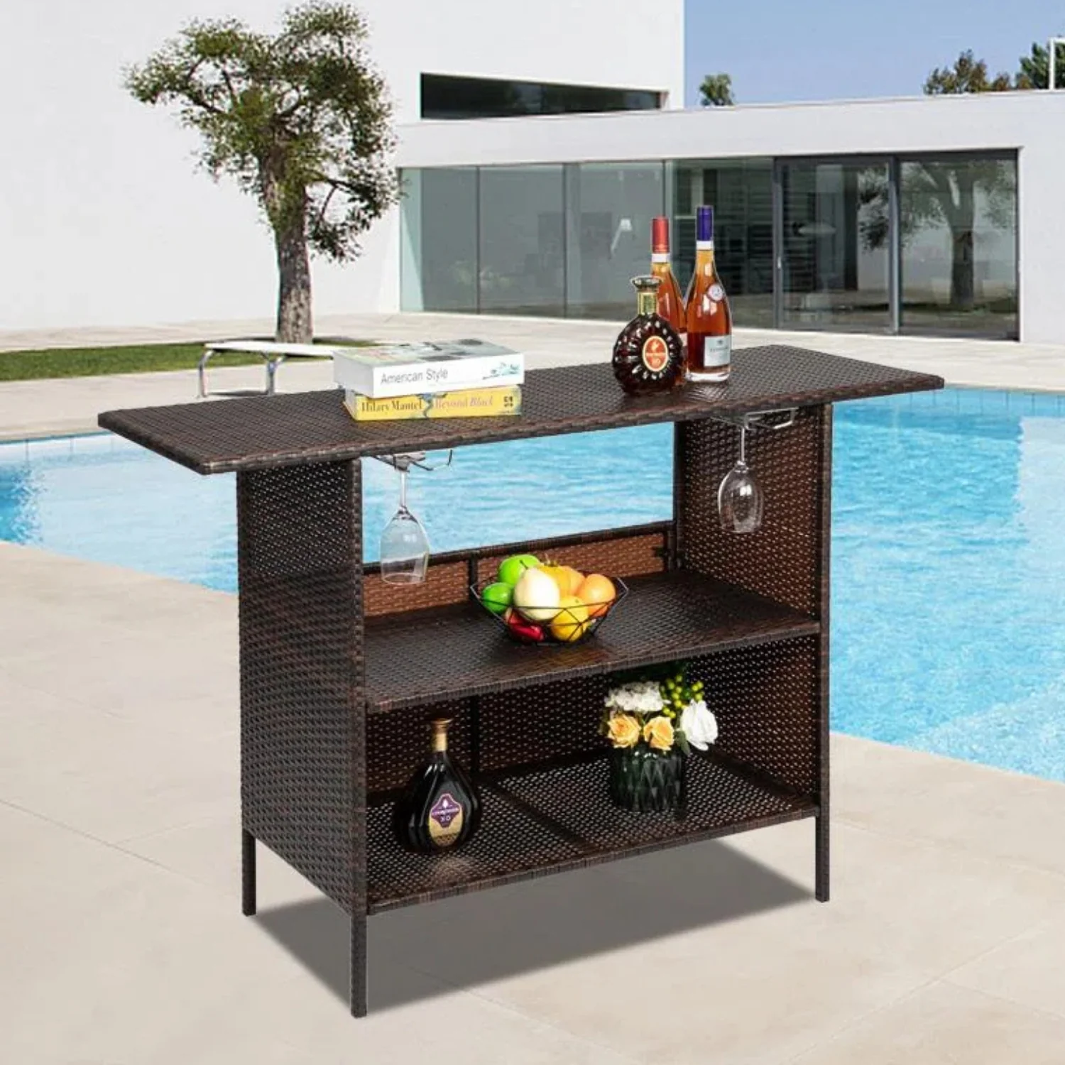 Outdoor Rattan Wicker Bar Table With Storage Selves - Image 7