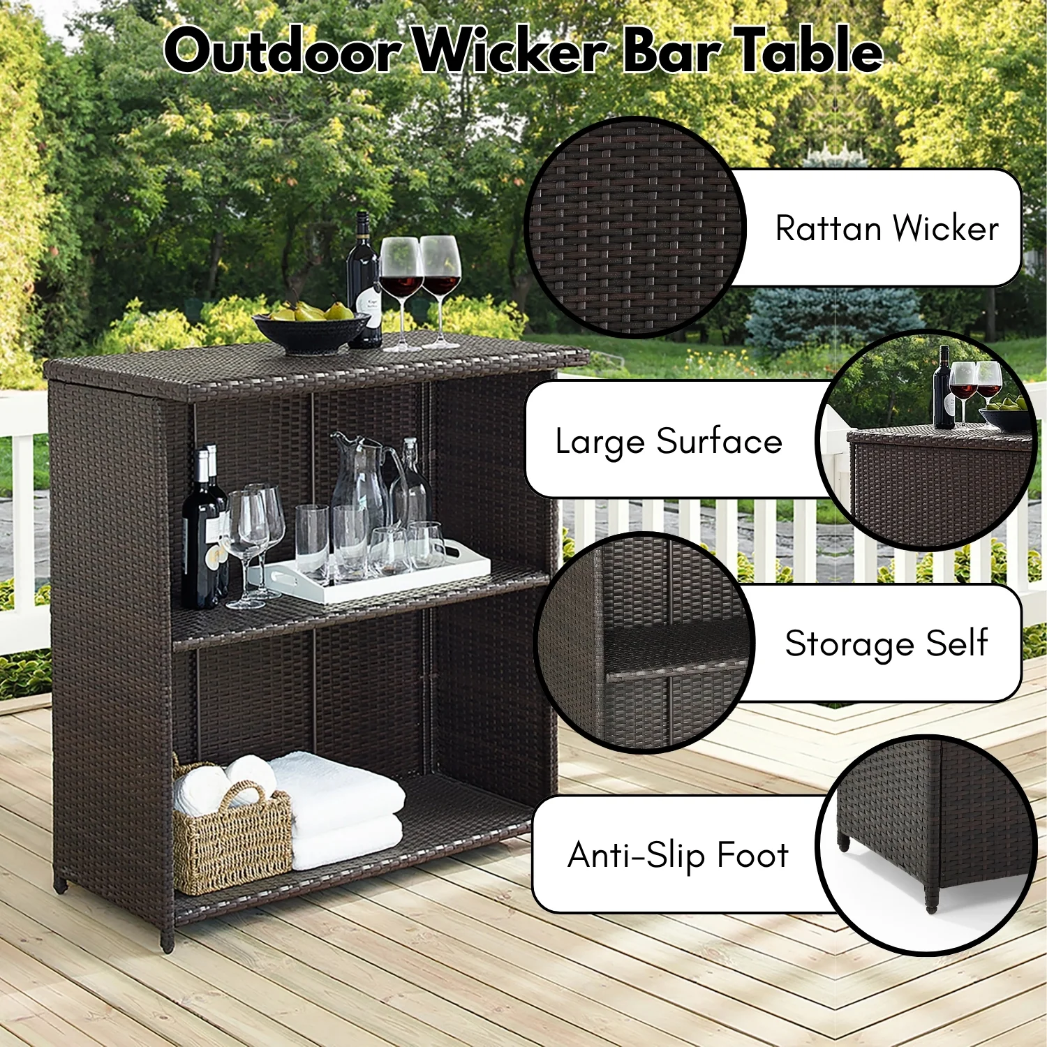 Outdoor Rattan Wicker Bar Table With Storage Selves - Image 5