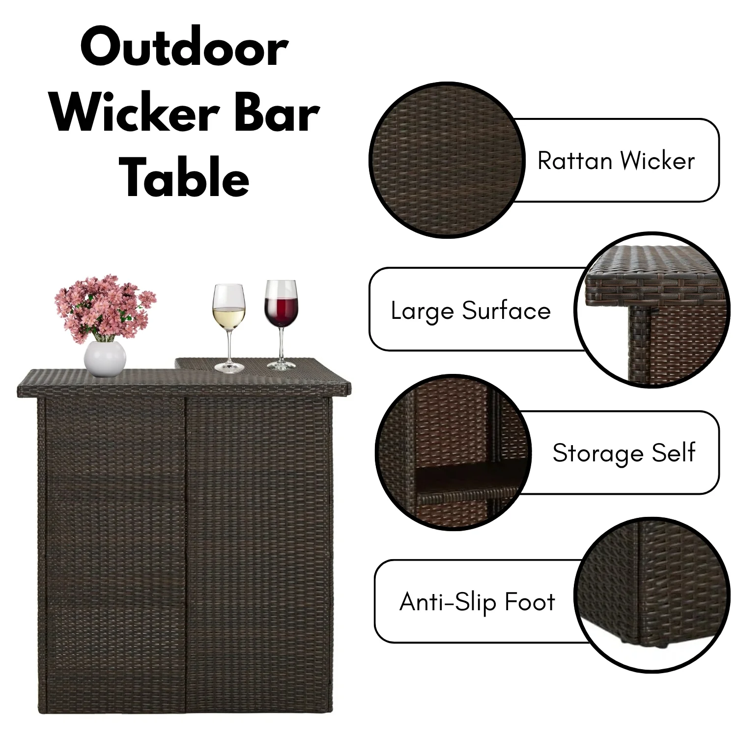 Outdoor Rattan Wicker Bar Table With Storage Selves - Image 5