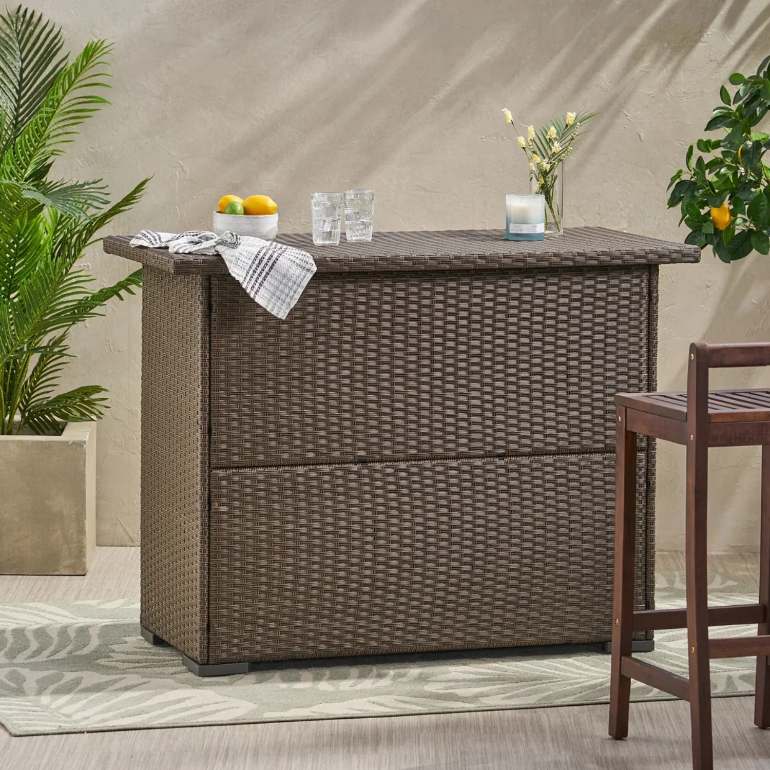 Outdoor Rattan Wicker Bar Table With Storage Selves - Image 8
