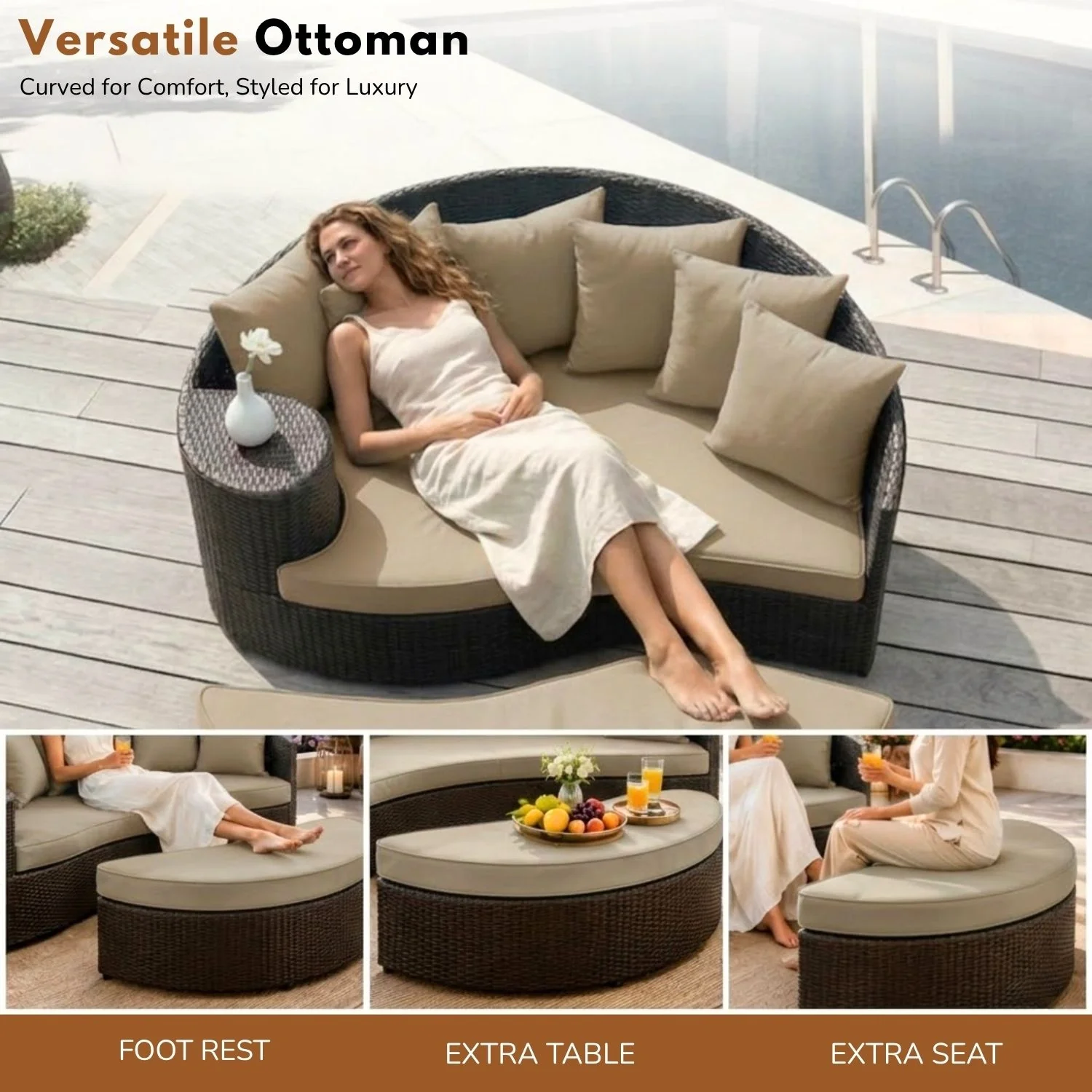 Outdoor Rattan Wicker Daybed (Dark Brown & Beige) - Image 8