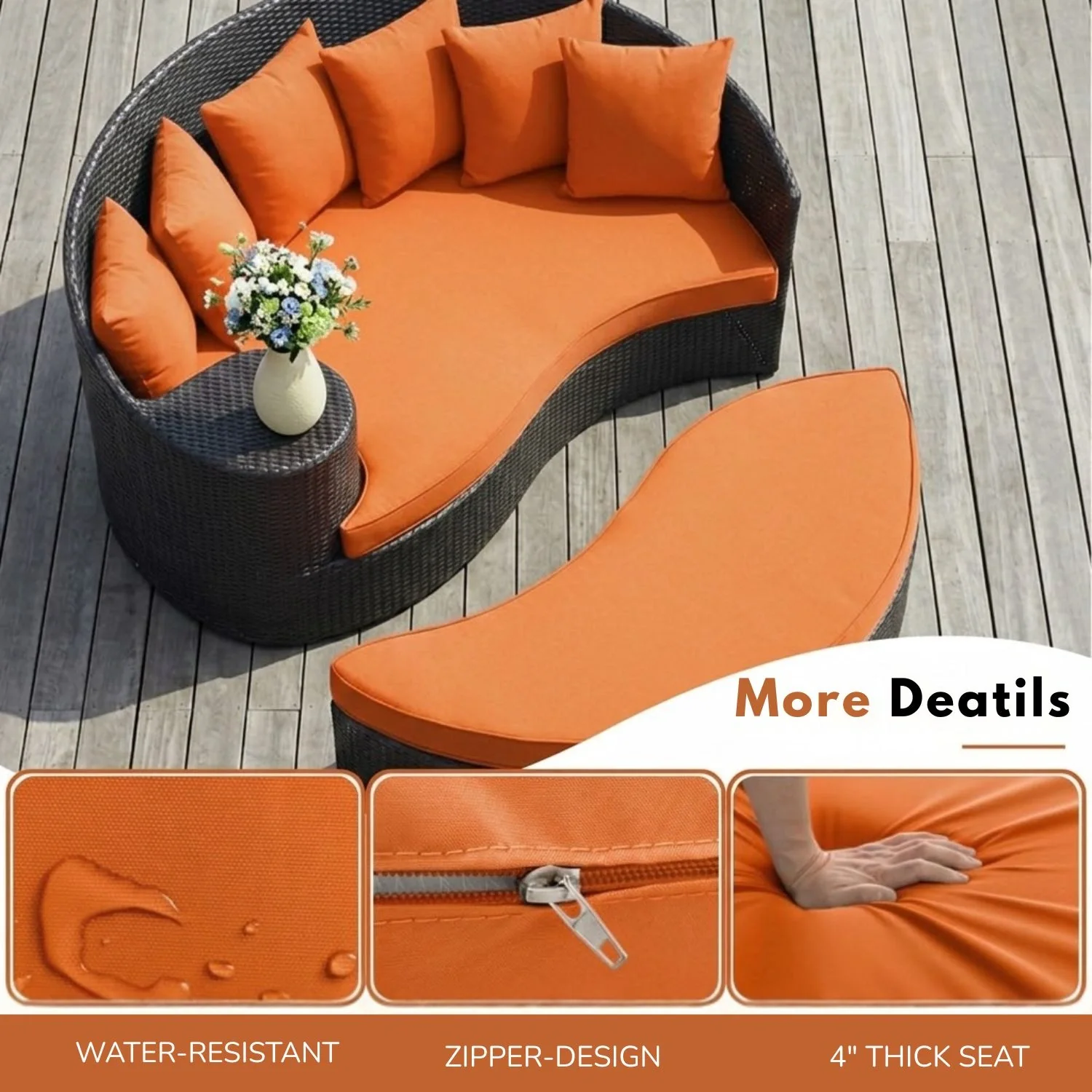 Outdoor Rattan Wicker Daybed (Dark Brown & Orange) - Image 3