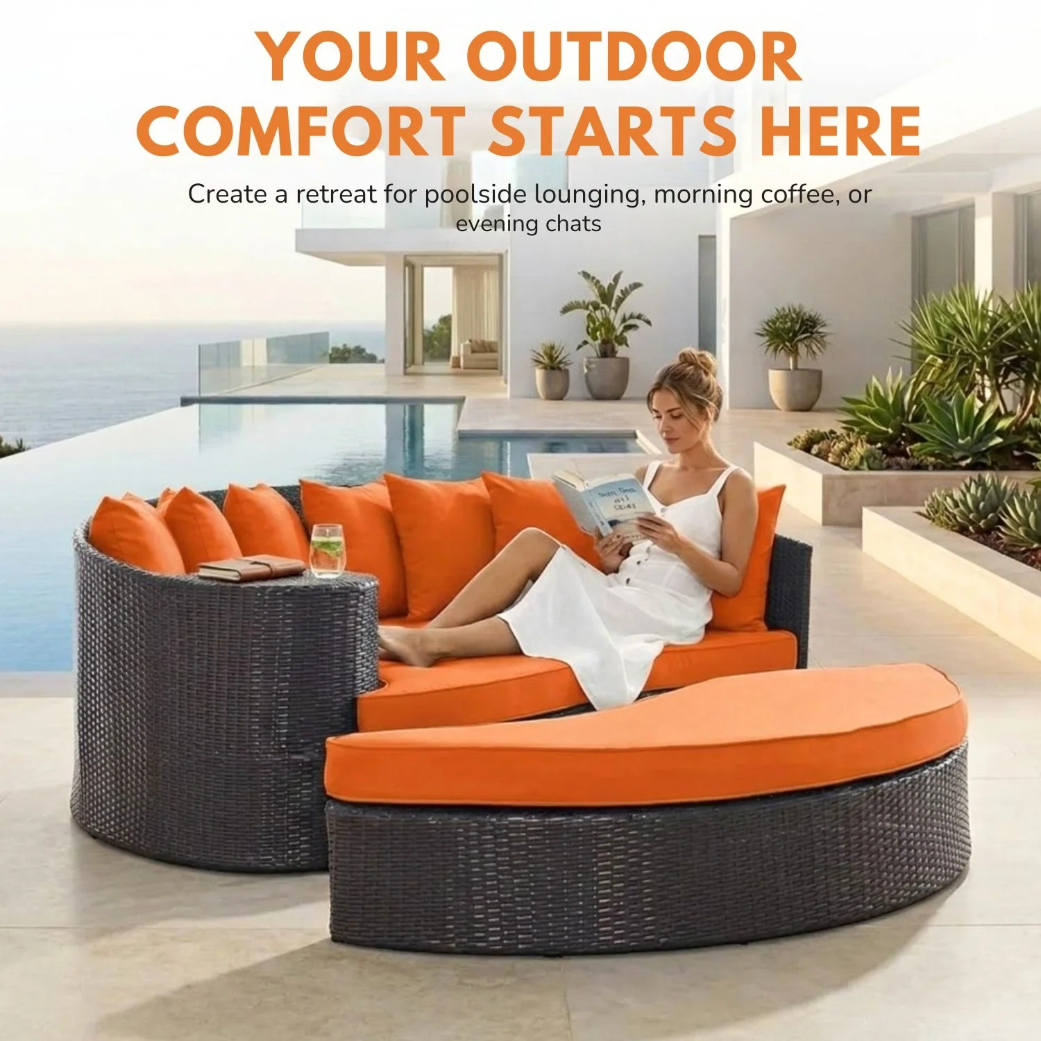 Outdoor Rattan Wicker Daybed (Dark Brown & Orange) - Image 4