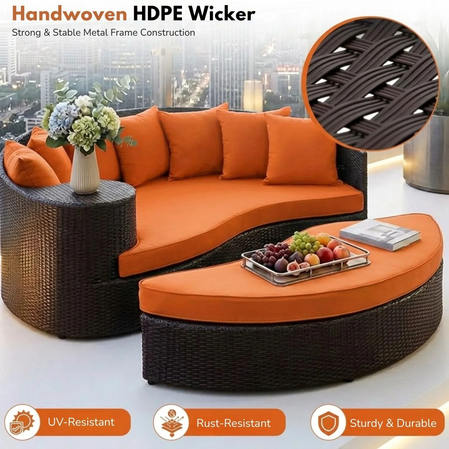 Outdoor Rattan Wicker Daybed (Dark Brown & Orange) - Image 5